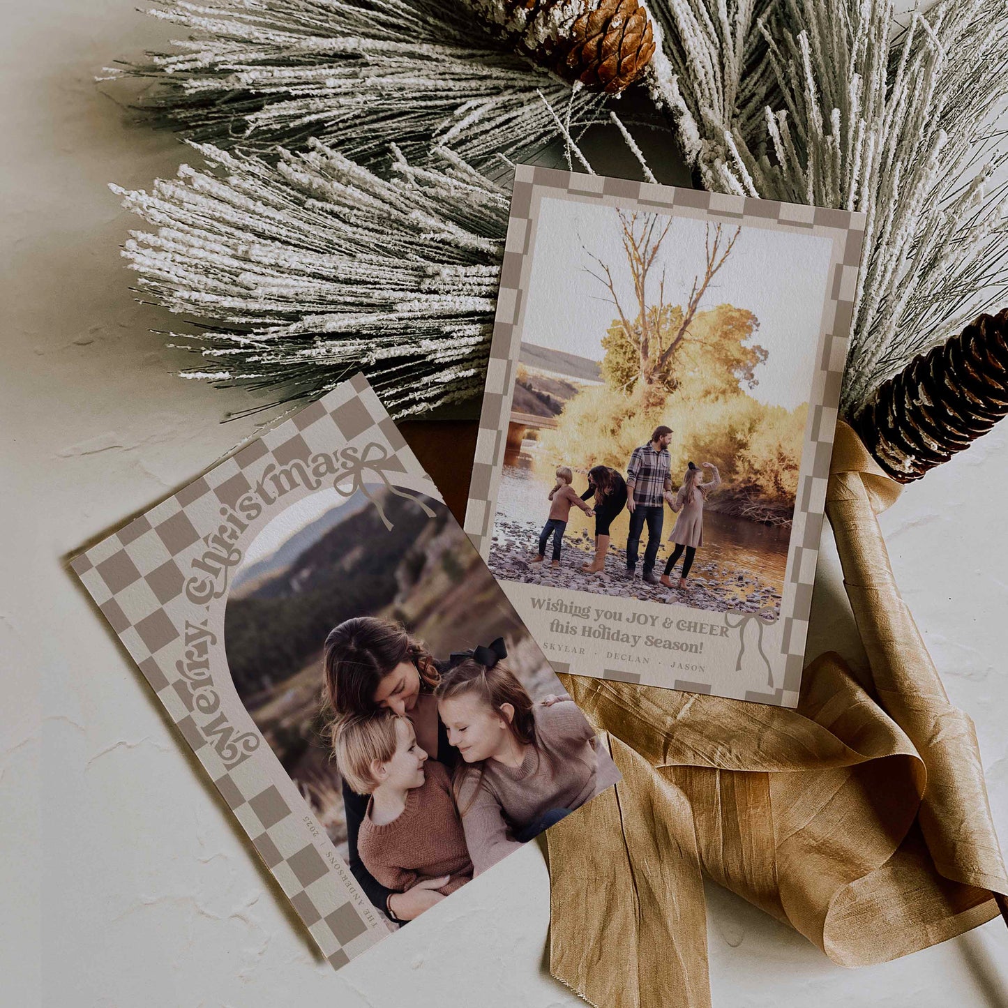 Retro Checkered Christmas card Front and Back with Arched Photo By High Peaks Studios LLC - Sand color option