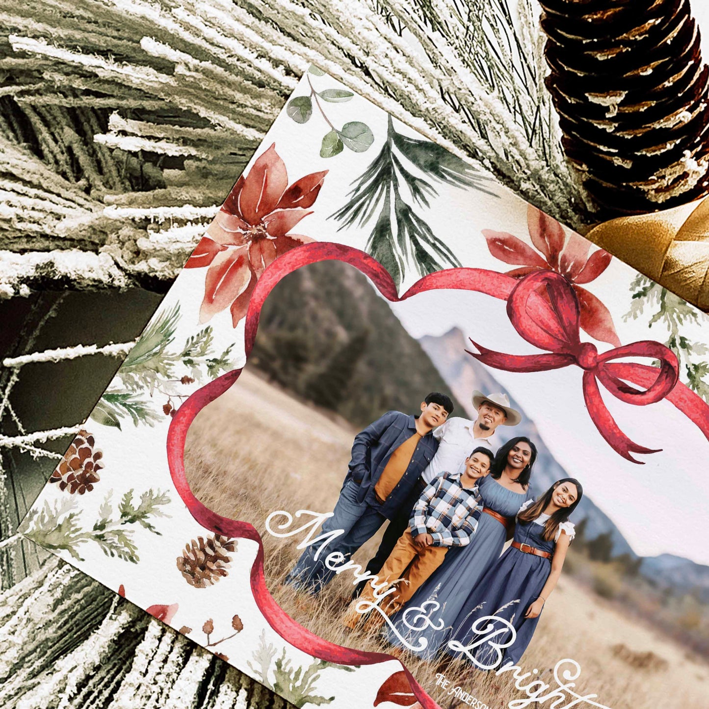 Red Christmas Bow Photo Christmas Card designed by High Peaks Studios LLC zoomed in image to see card details