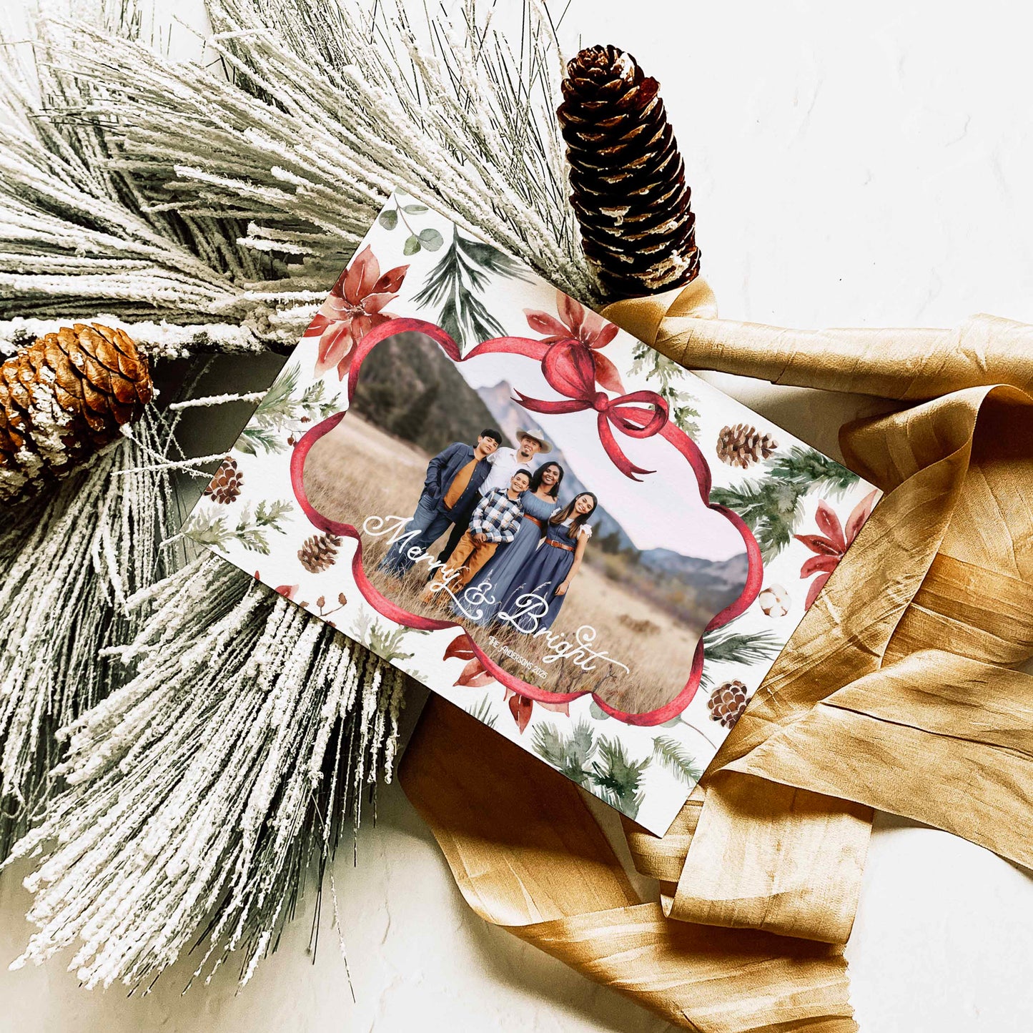 Red Christmas Bow Photo Christmas Card designed by High Peaks Studios LLC