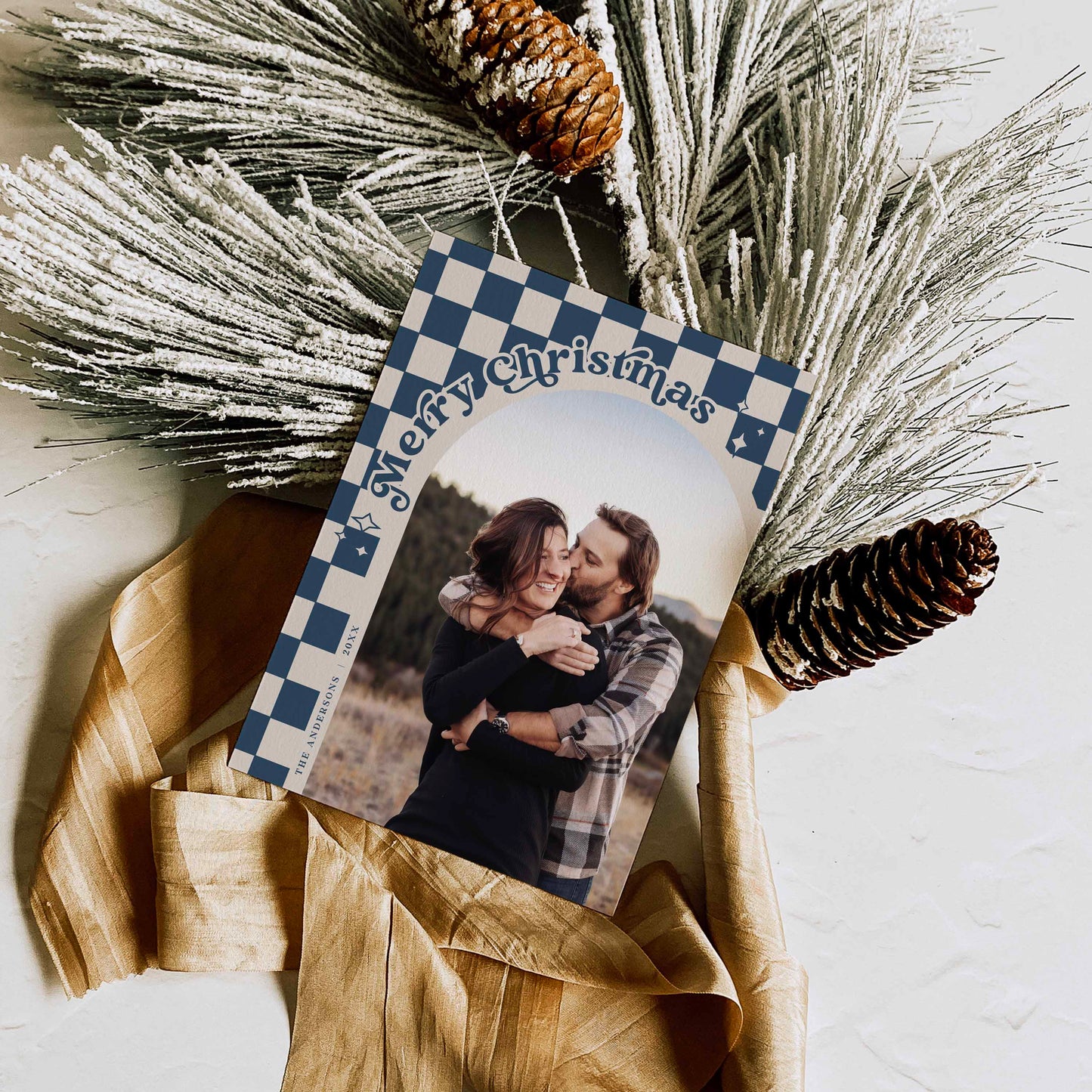 Retro Checkered Christmas card Front side with Arched Photo By High Peaks Studios LLC, Midnight blue color option
