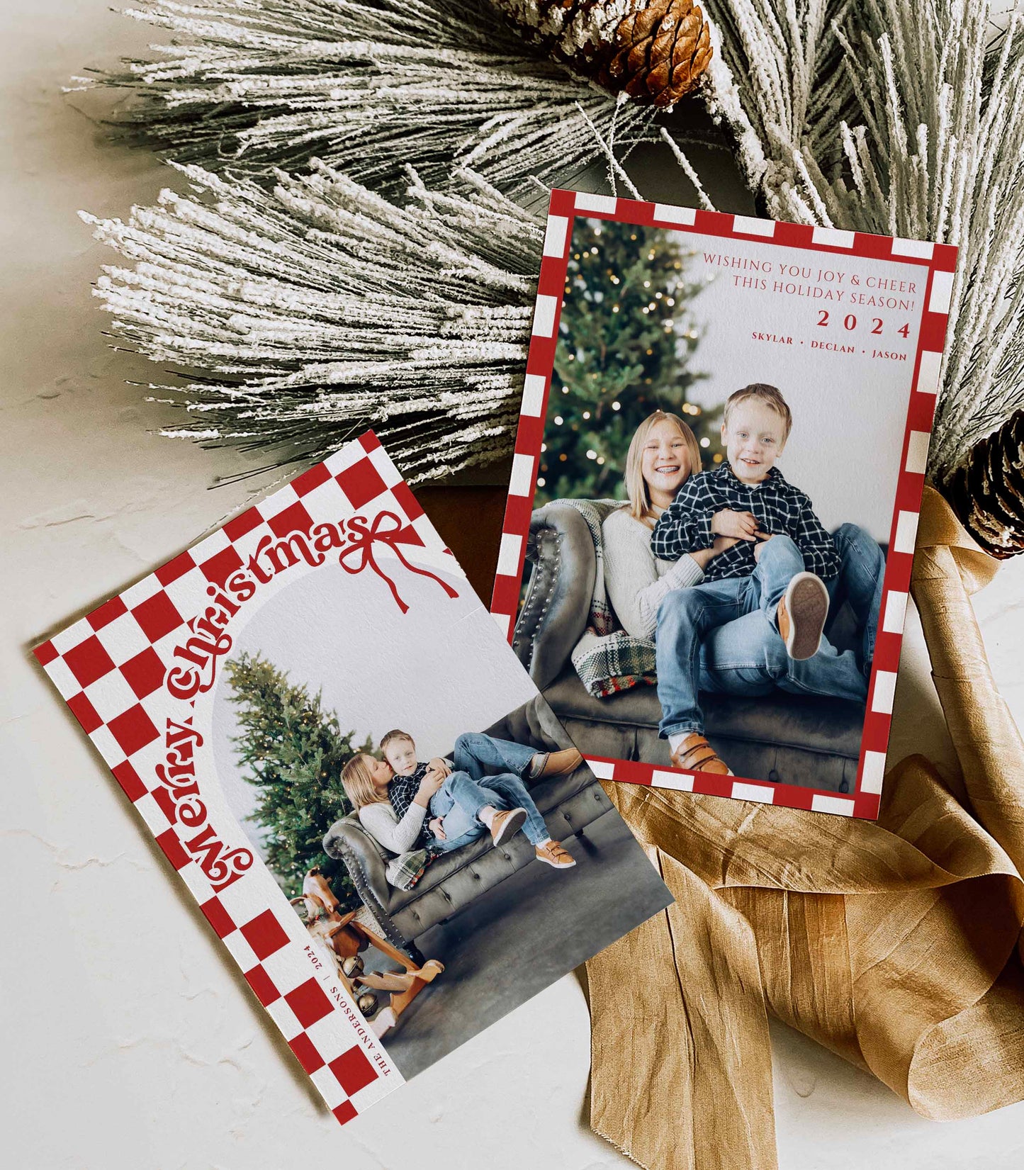 Retro Checkered Christmas card Front and Back with Arched Photo By High Peaks Studios LLC