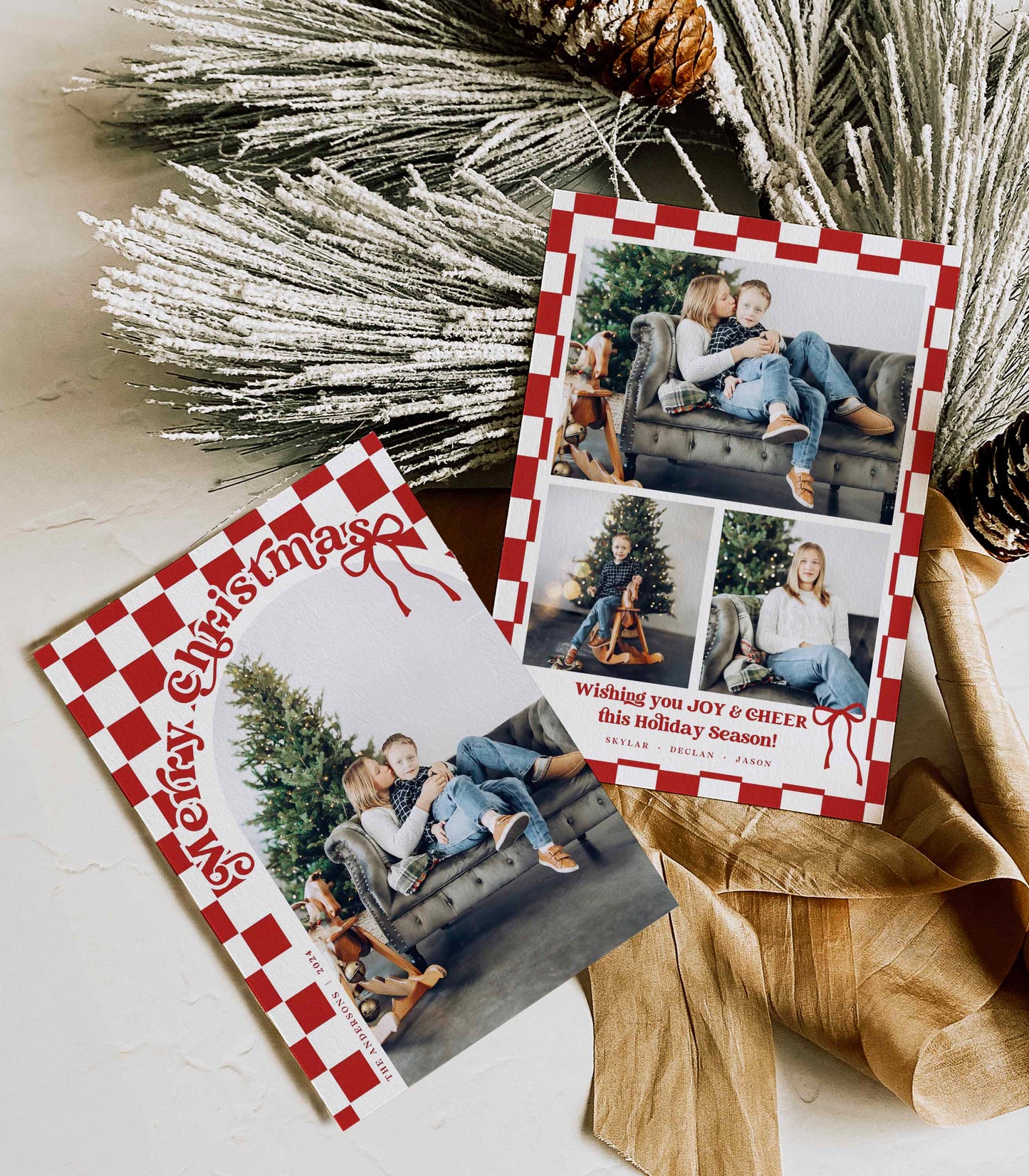 Retro Checkered Christmas card Front and Back with Arched Photo By High Peaks Studios LLC