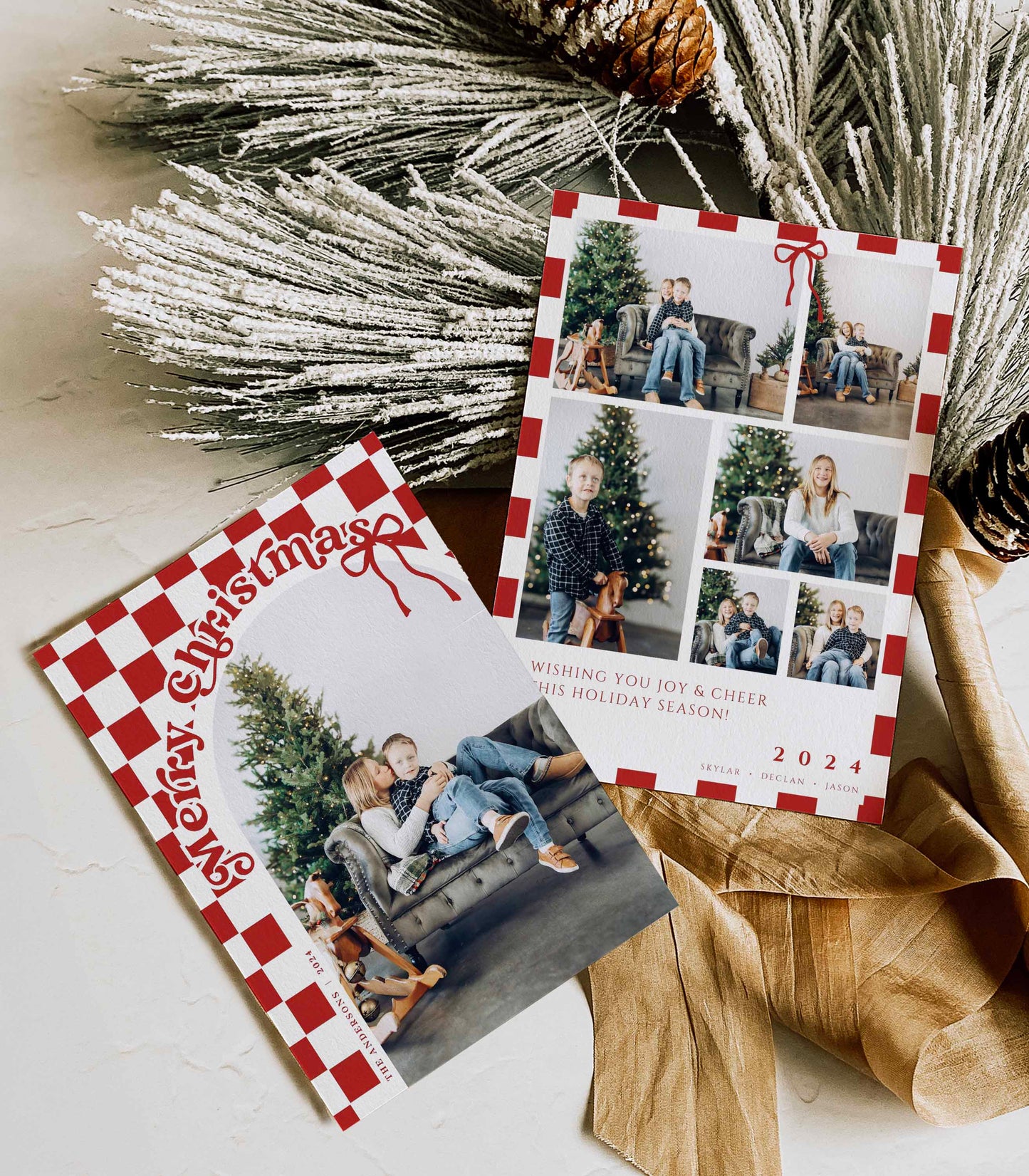 Retro Checkered Christmas card Front and Back with Arched Photo By High Peaks Studios LLC