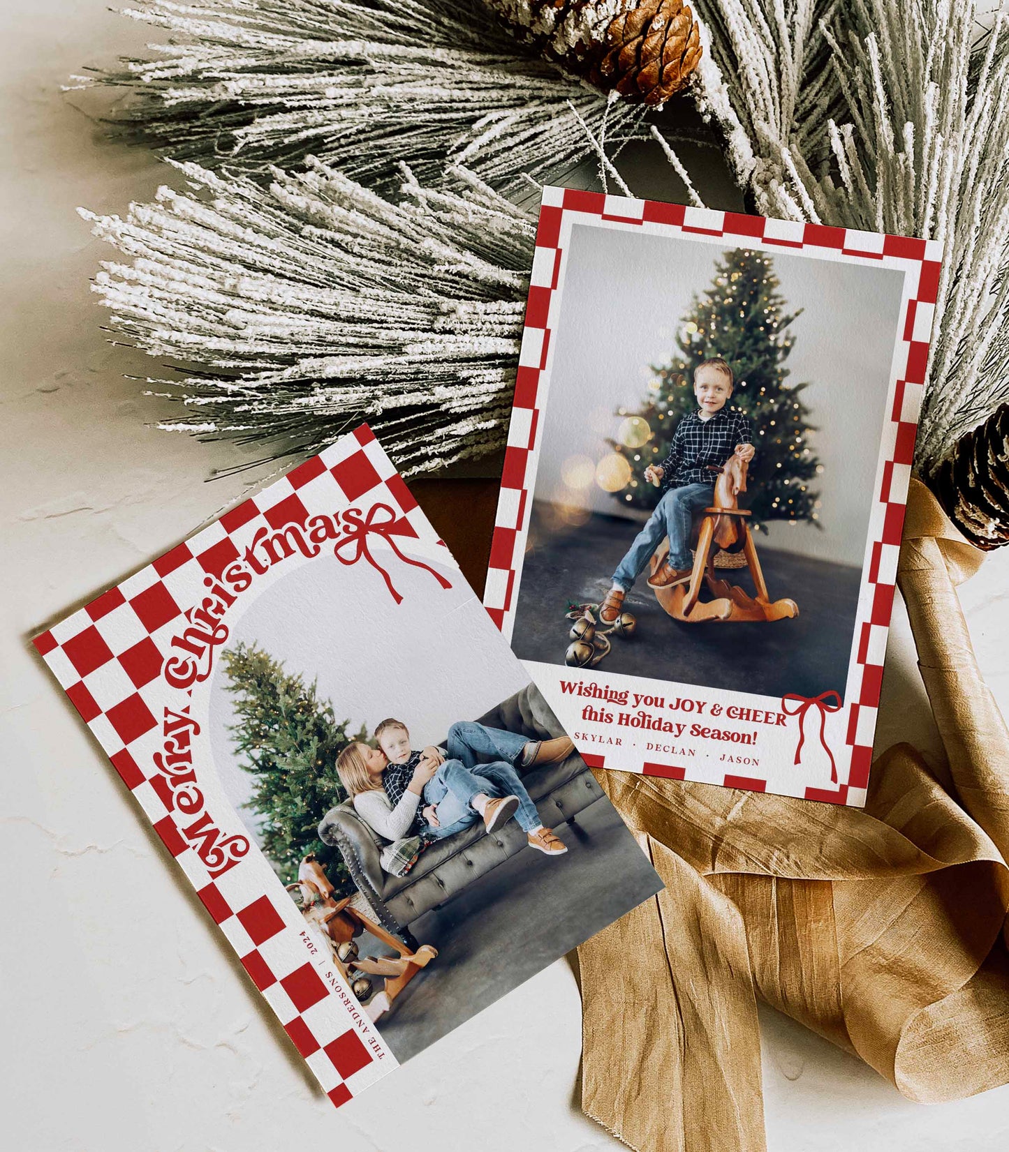 Retro Checkered Christmas card Front and Back with Arched Photo By High Peaks Studios LLC