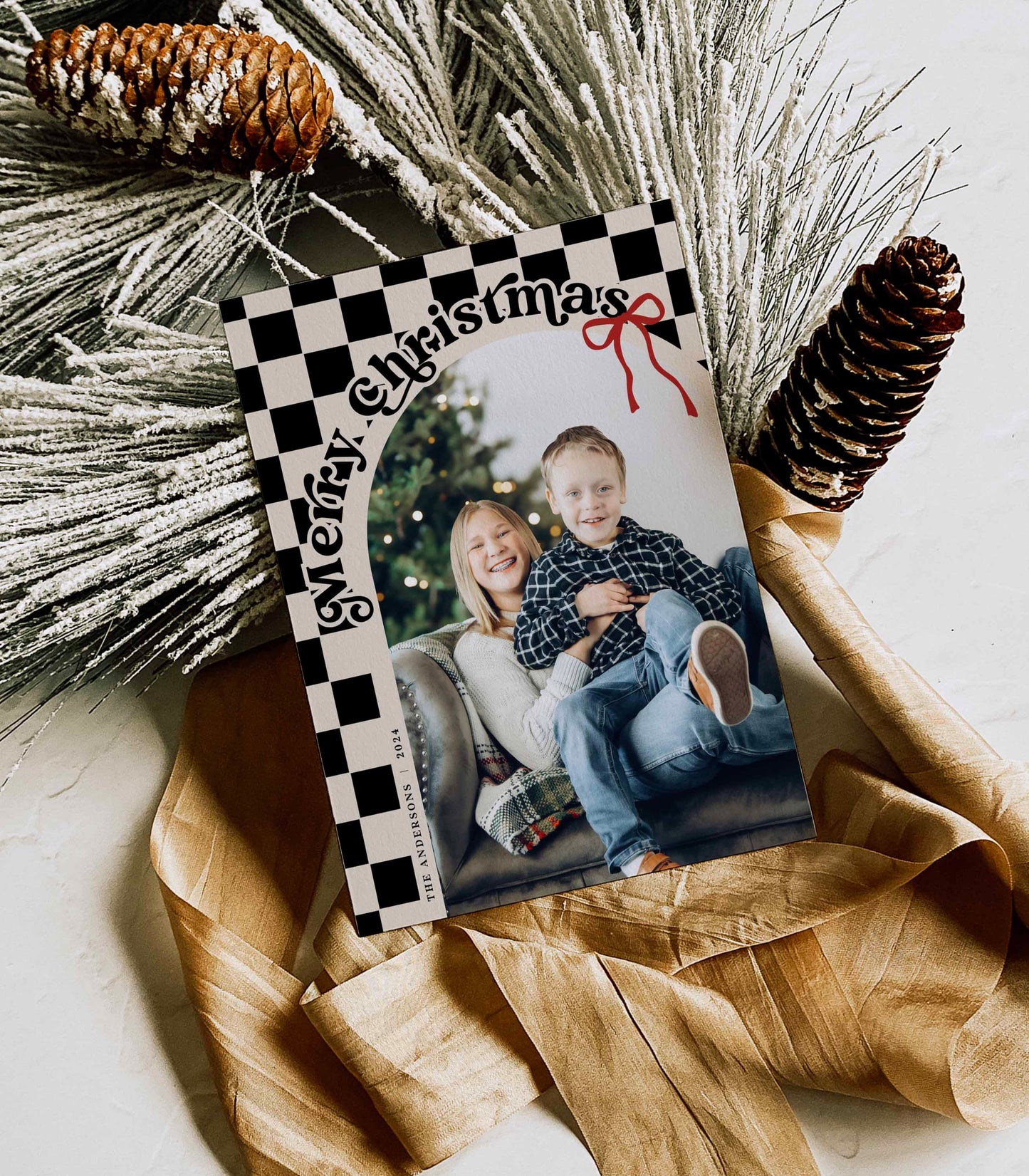 Retro Checkered Christmas card Front side with Arched Photo By High Peaks Studios LLC, Black color option