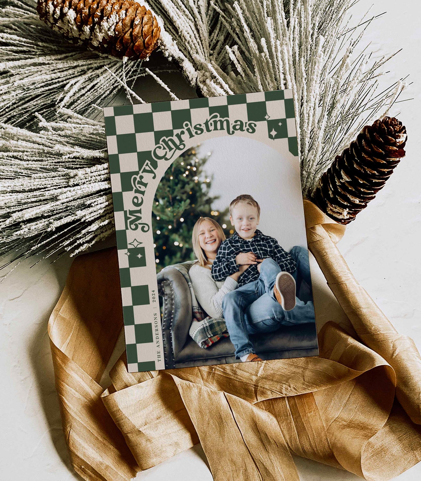 Retro Checkered Christmas card Front side with Arched Photo By High Peaks Studios LLC, Evergreen color option