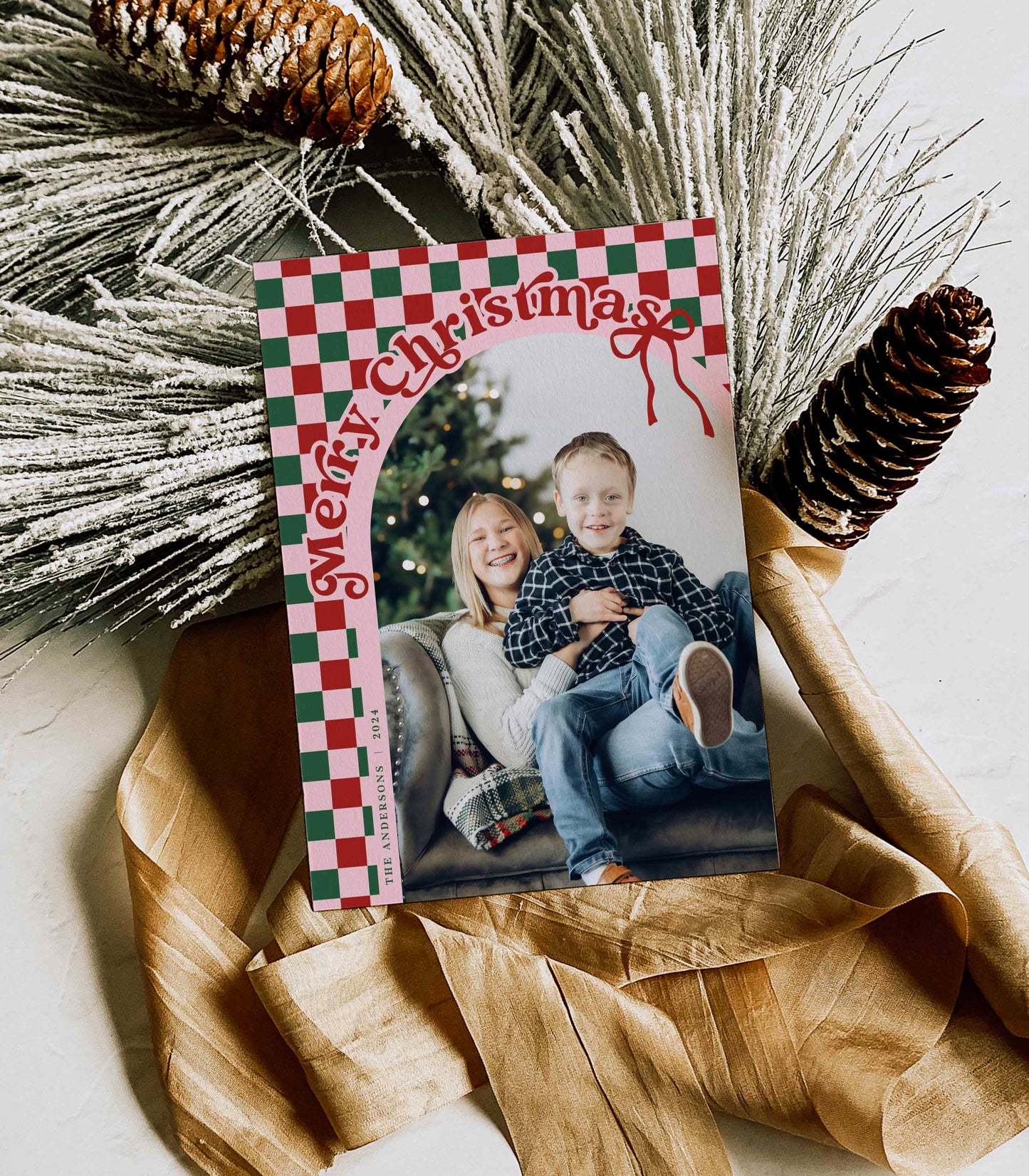 Retro Checkered Christmas card Front side with Arched Photo By High Peaks Studios LLC, Multi colored option