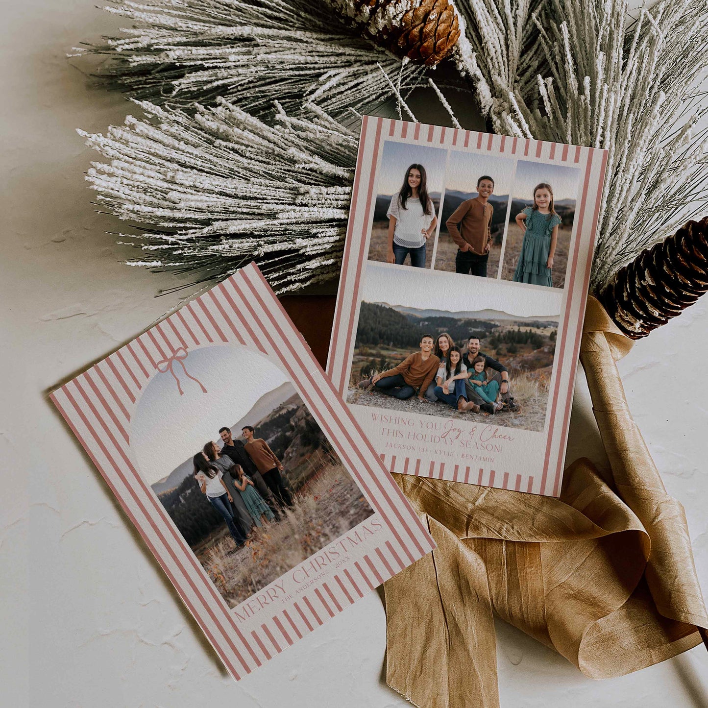 Front and Back Christmas photo cards with family pictures and vintage red stripes on decorative background. Designed By HIgh Peaks Studios LLC