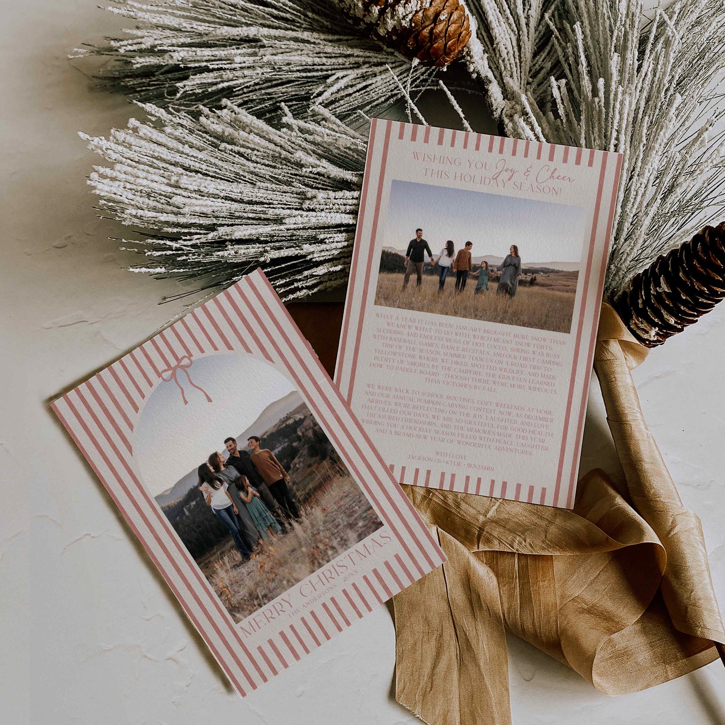 Front and Back Christmas photo cards with family pictures and vintage red stripes on decorative background. Designed By HIgh Peaks Studios LLC