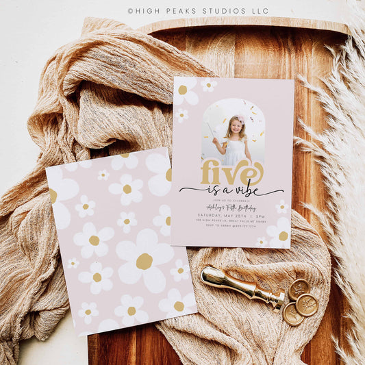 Editable Five Is A Vibe Daisy Birthday Photo Invitation Template by High Peaks Studios