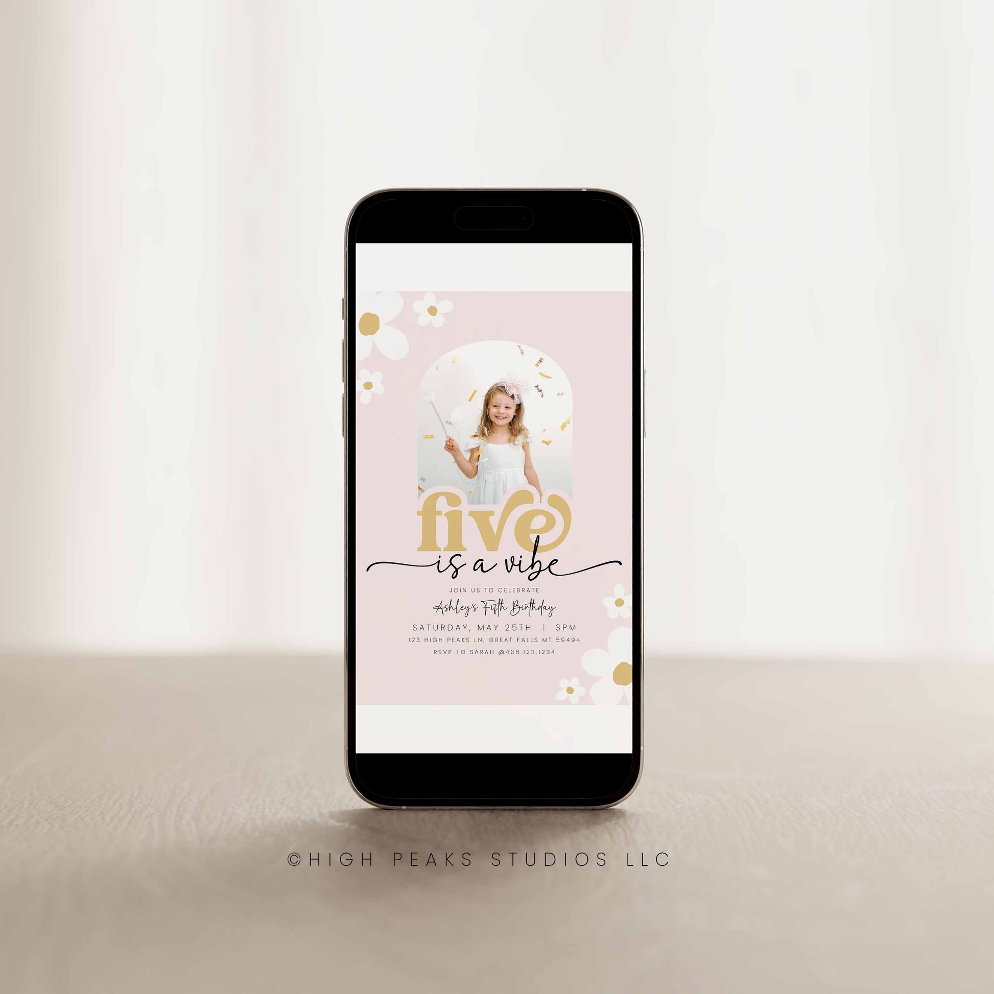 Editable Five Is A Vibe Daisy Birthday Photo Invitation Template by High Peaks Studios