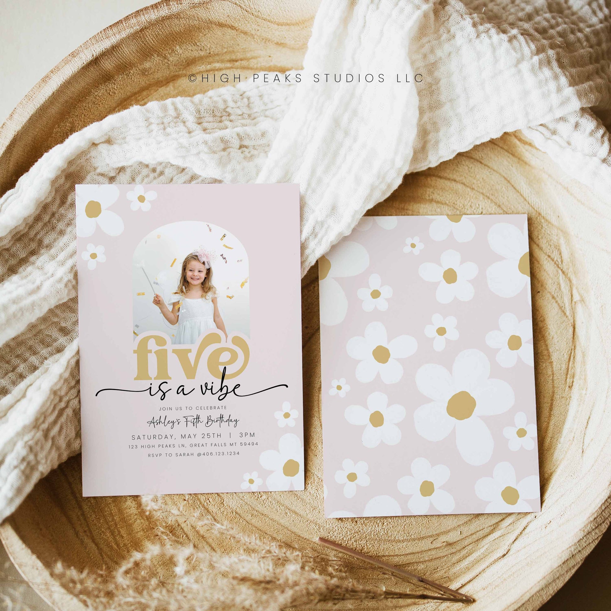 Editable Five Is A Vibe Daisy Birthday Photo Invitation Template by High Peaks Studios