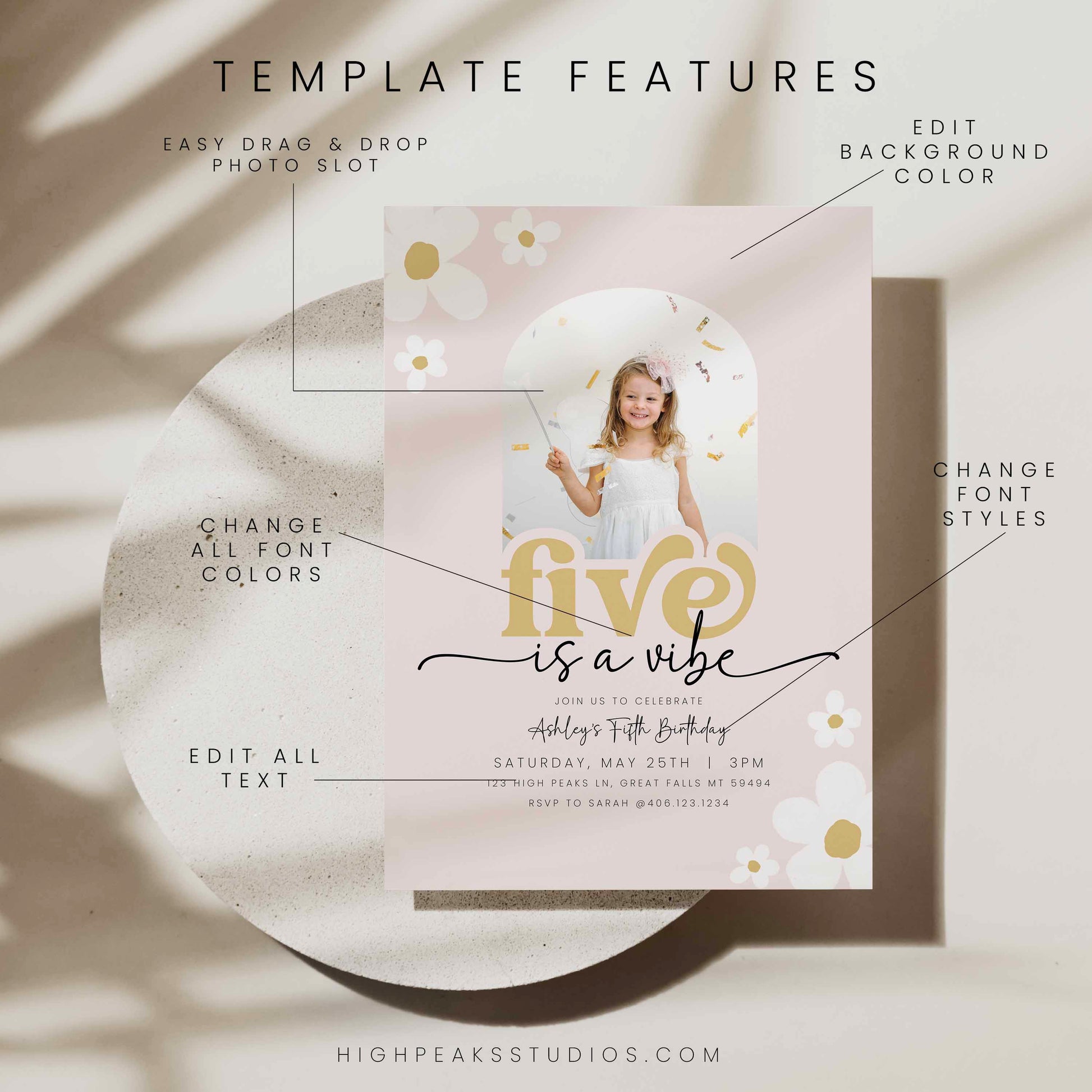 Editable Five Is A Vibe Daisy Birthday Photo Invitation Template by High Peaks Studios