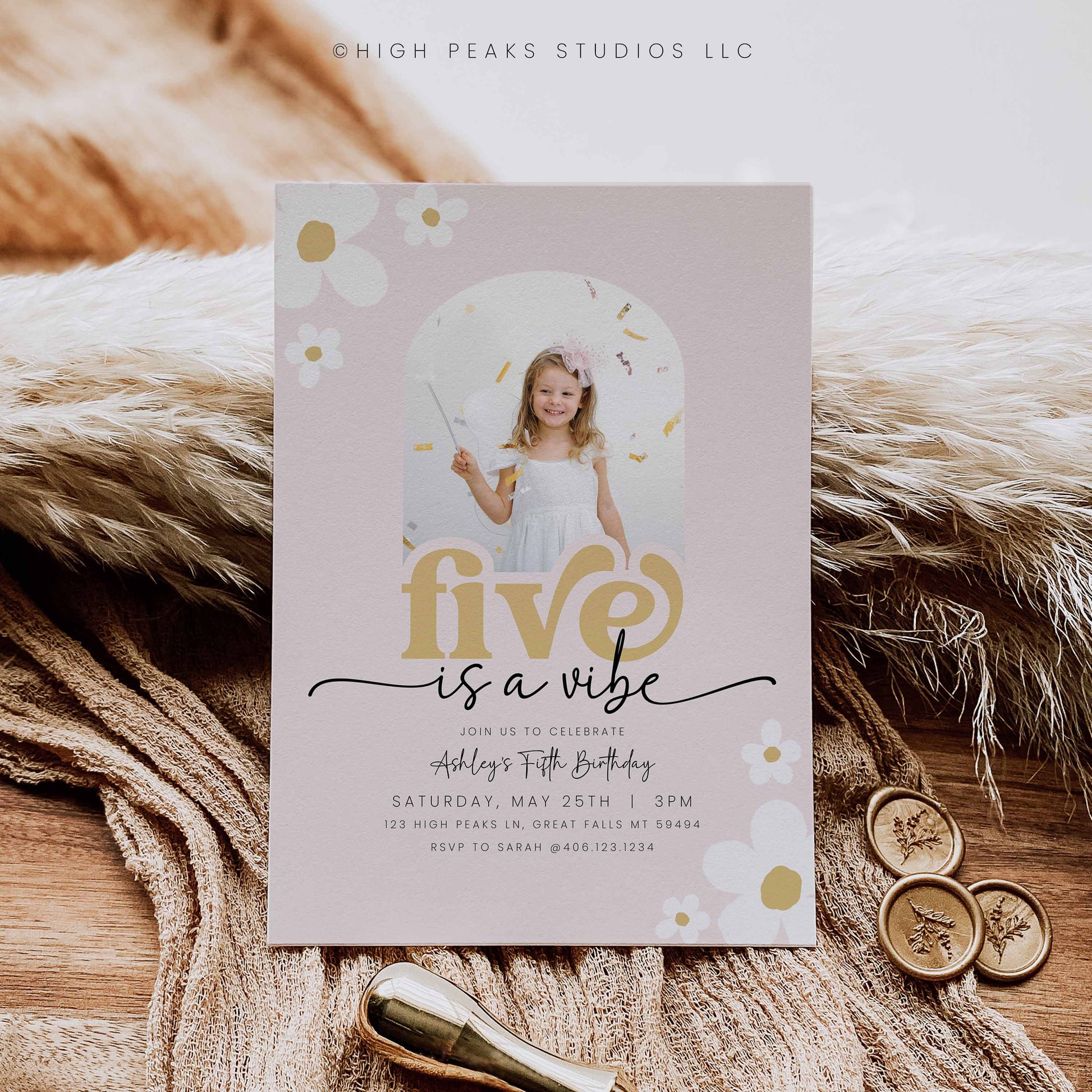 Editable Five Is A Vibe Daisy Birthday Photo Invitation Template by High Peaks Studios