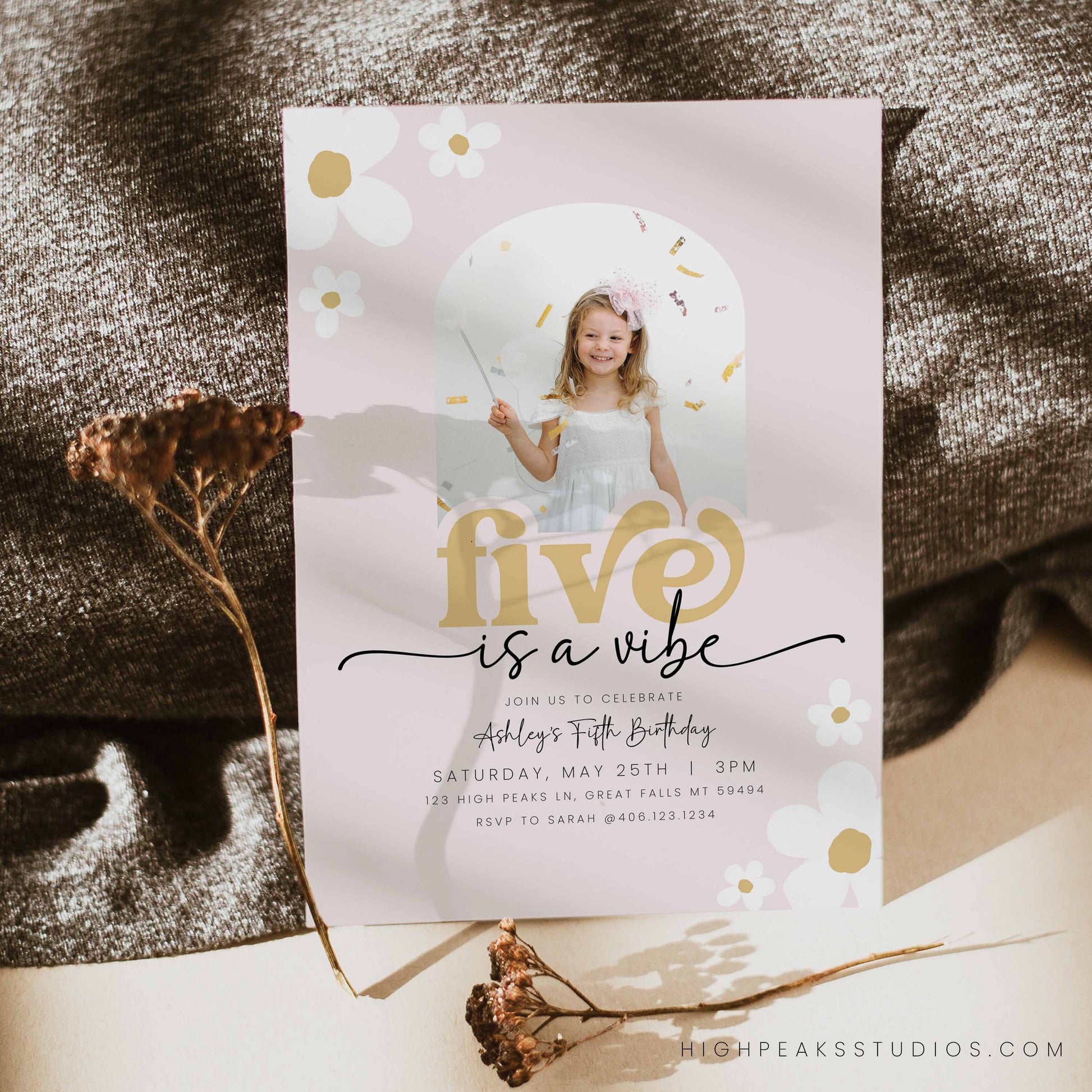 Editable Five Is A Vibe Daisy Birthday Photo Invitation Template by High Peaks Studios