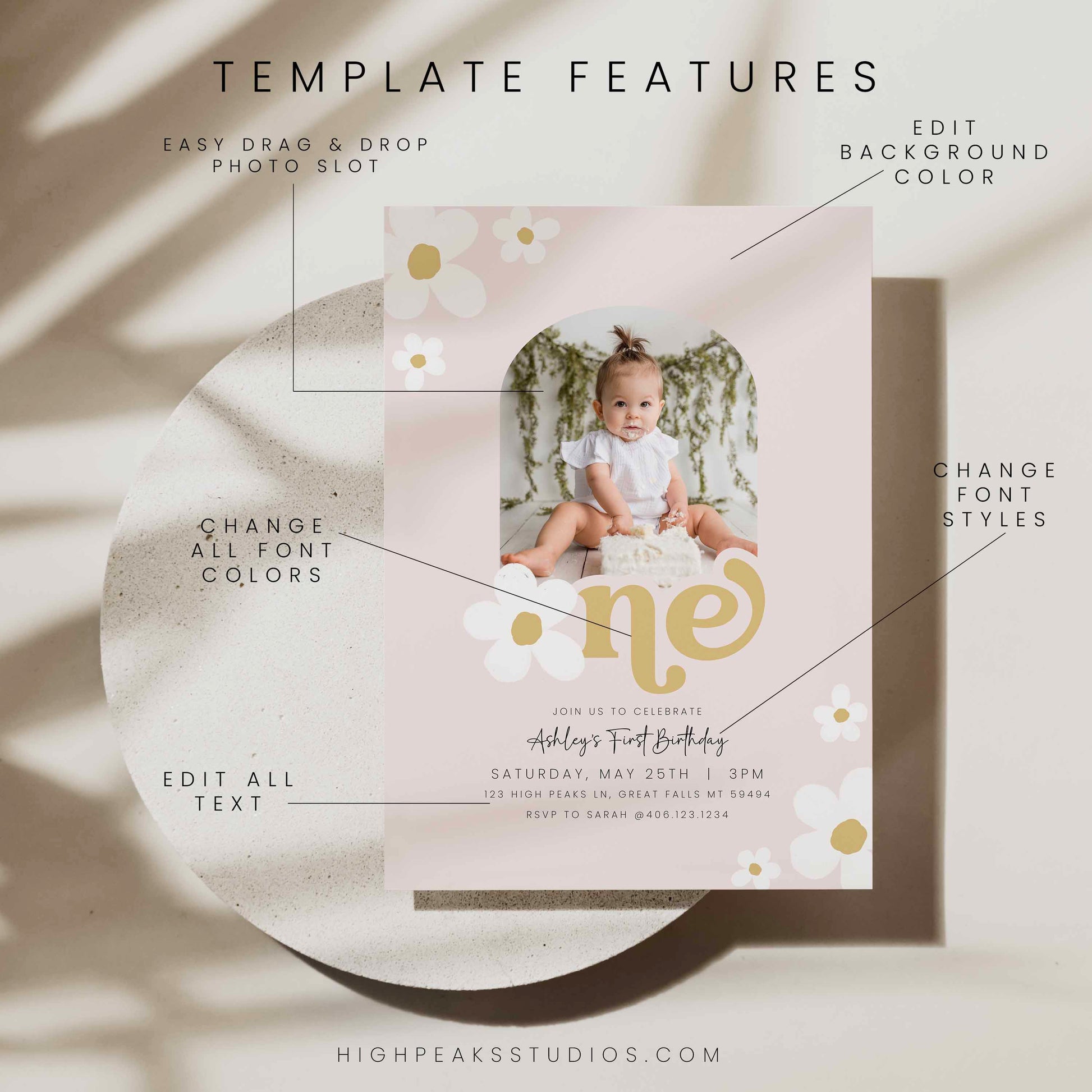 Daisy First Birthday Invitation With Arched Photo by High Peaks Studios