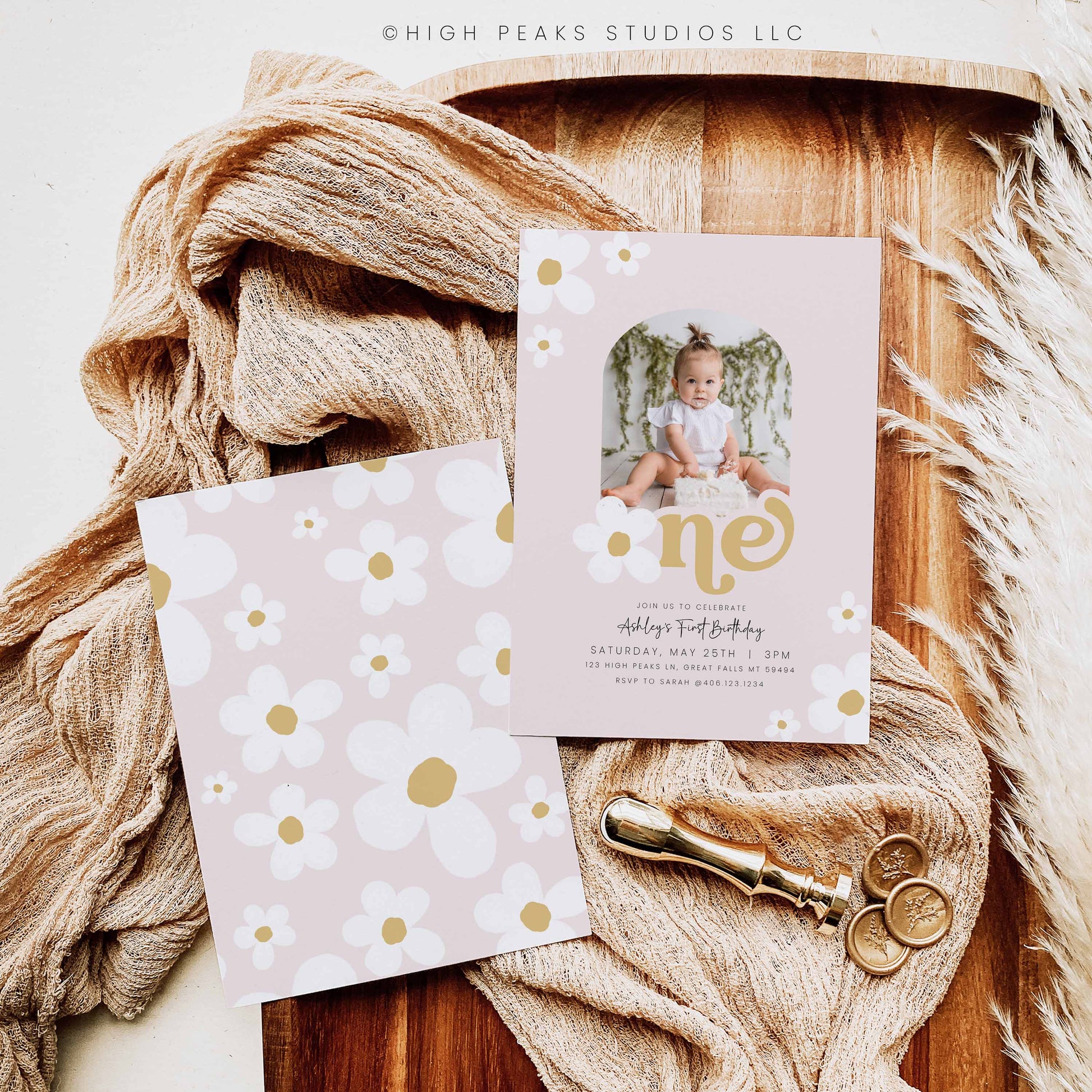 Daisy First Birthday Invitation With Arched Photo by High Peaks Studios