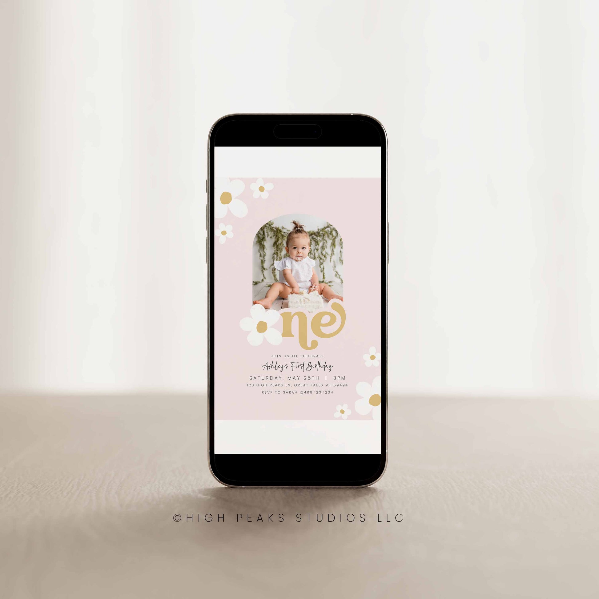 Daisy First Birthday Invitation With Arched Photo by High Peaks Studios
