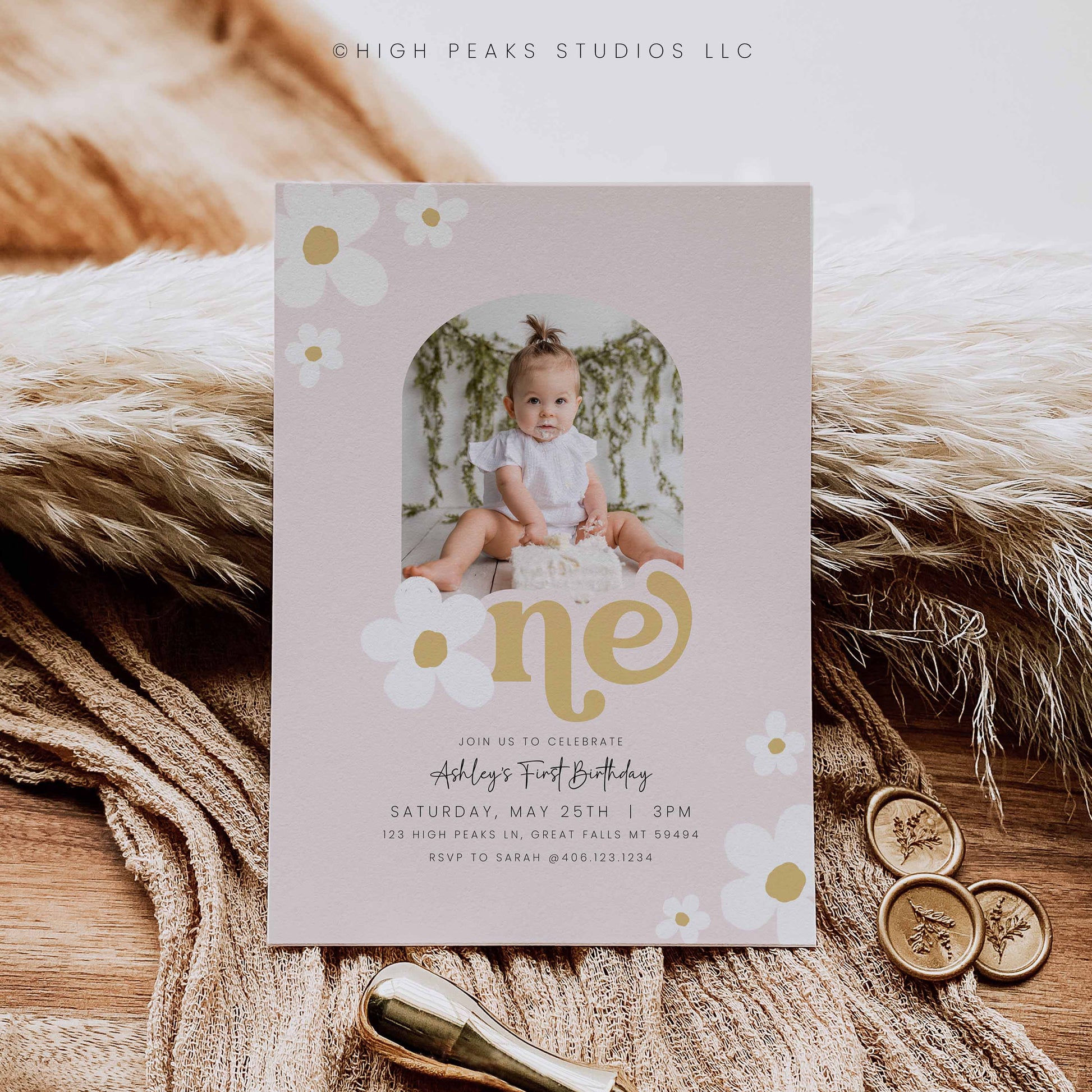 Daisy First Birthday Invitation With Arched Photo by High Peaks Studios