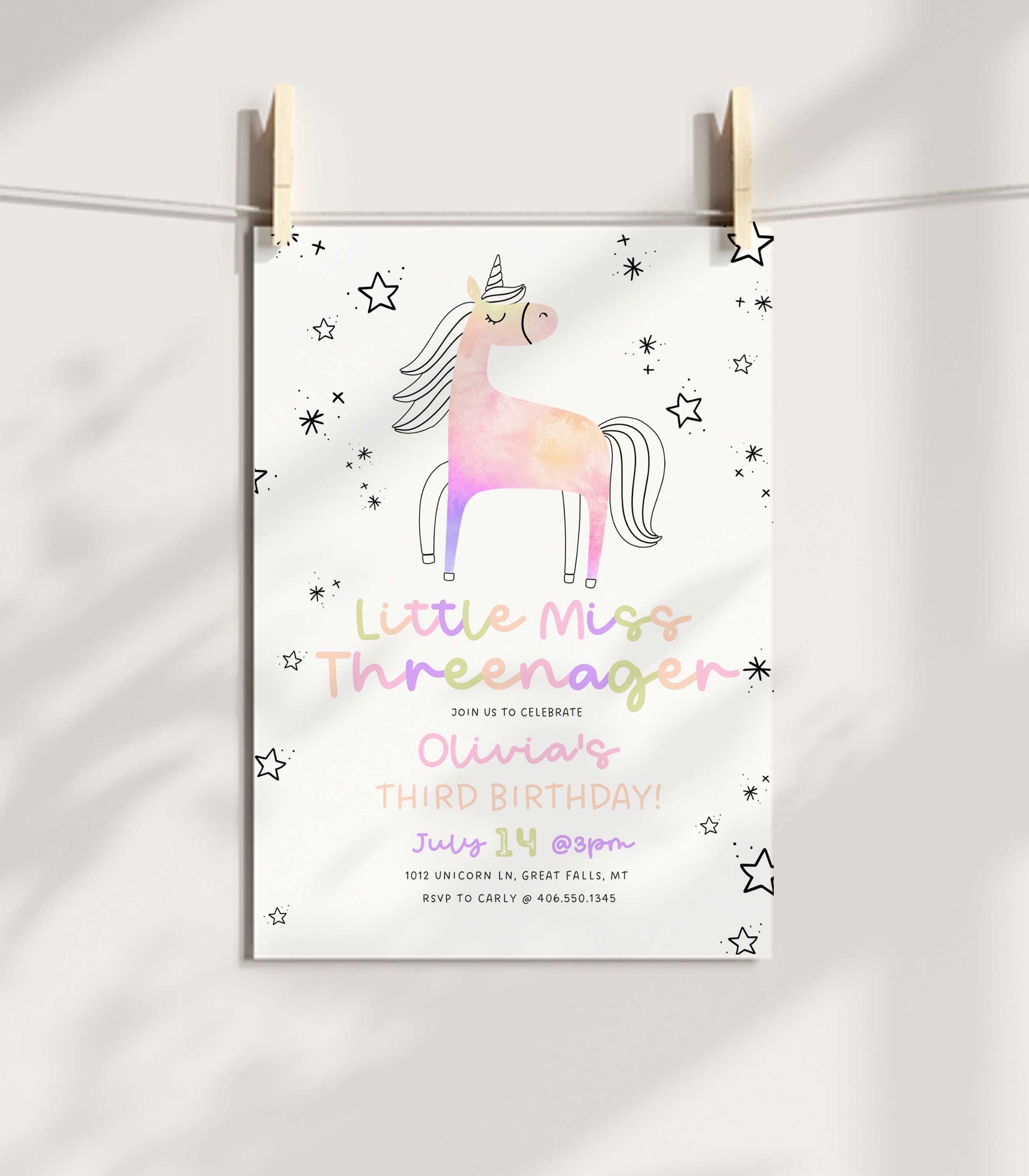 Little Miss Threenager Unicorn Birthday Invitation Printable - High Peaks Studios