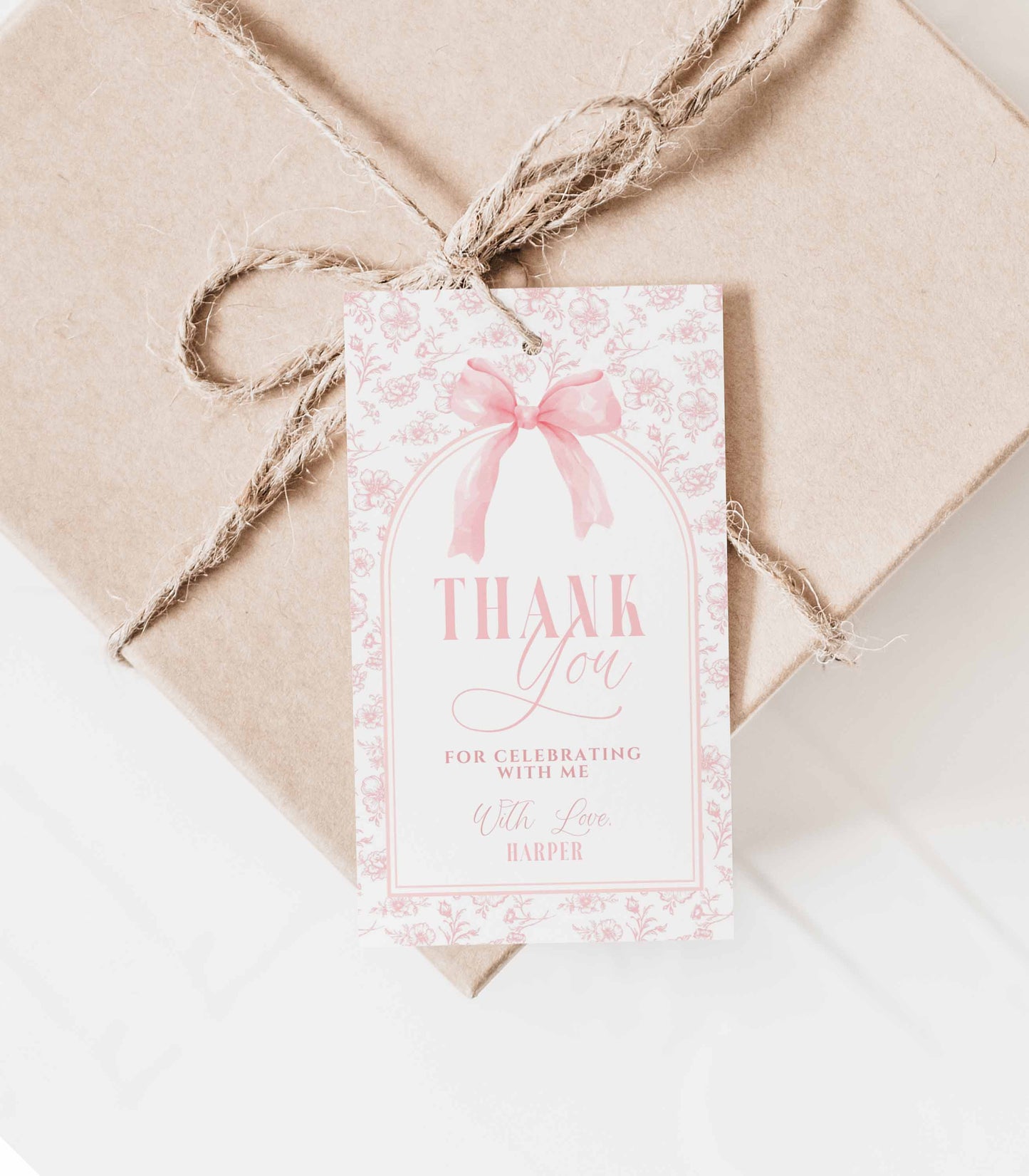 Pink Bow Floral Toile Favor Gift Tag by High Peaks Studios