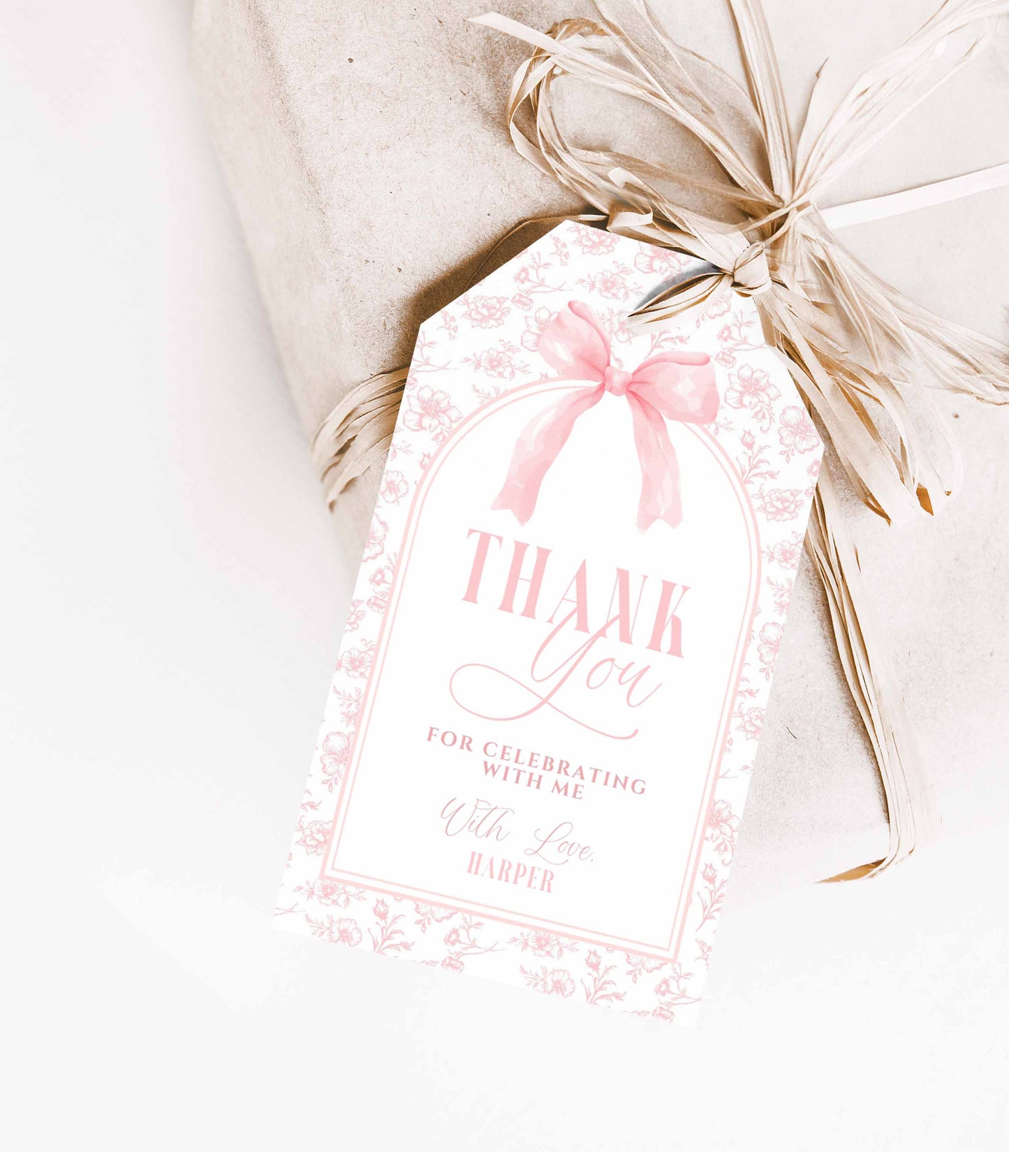 Pink Bow Floral Toile Favor Gift Tag by High Peaks Studios