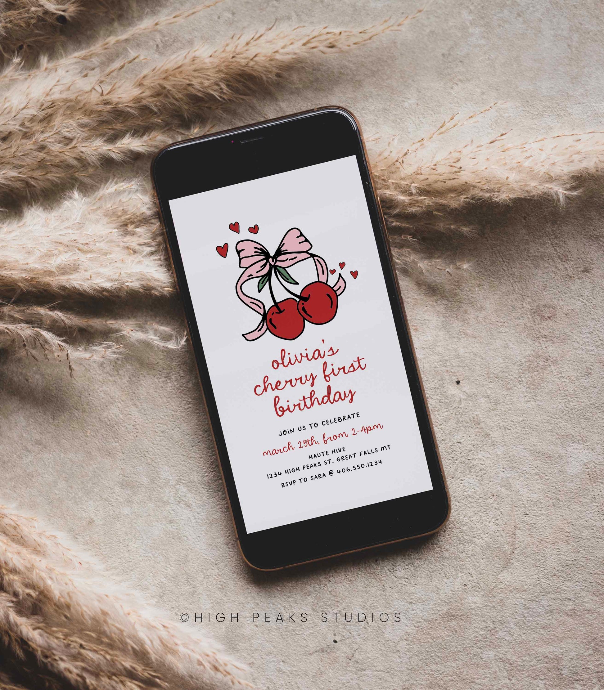Cherry First Birthday Invitation by High Peaks Studios