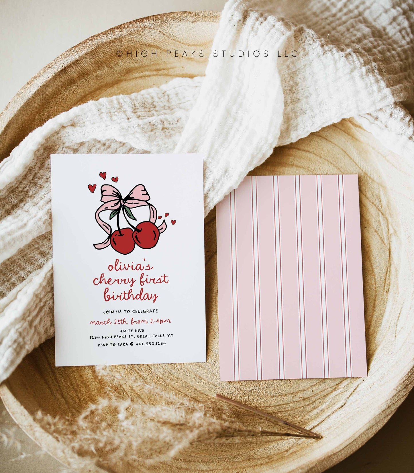 Cherry First Birthday Invitation by High Peaks Studios