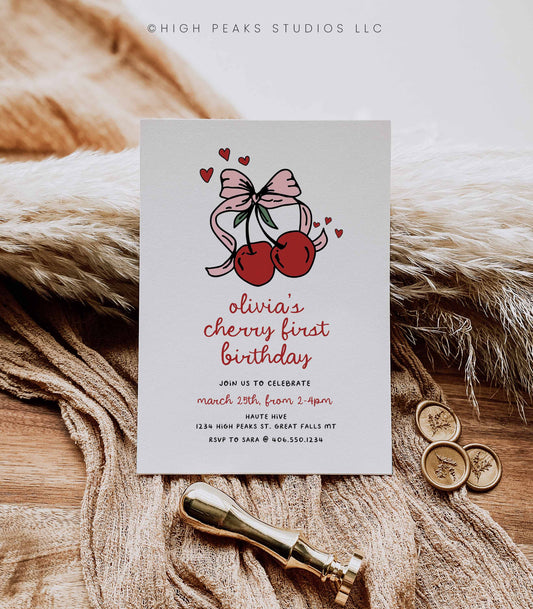 Cherry First Birthday Invitation by High Peaks Studios