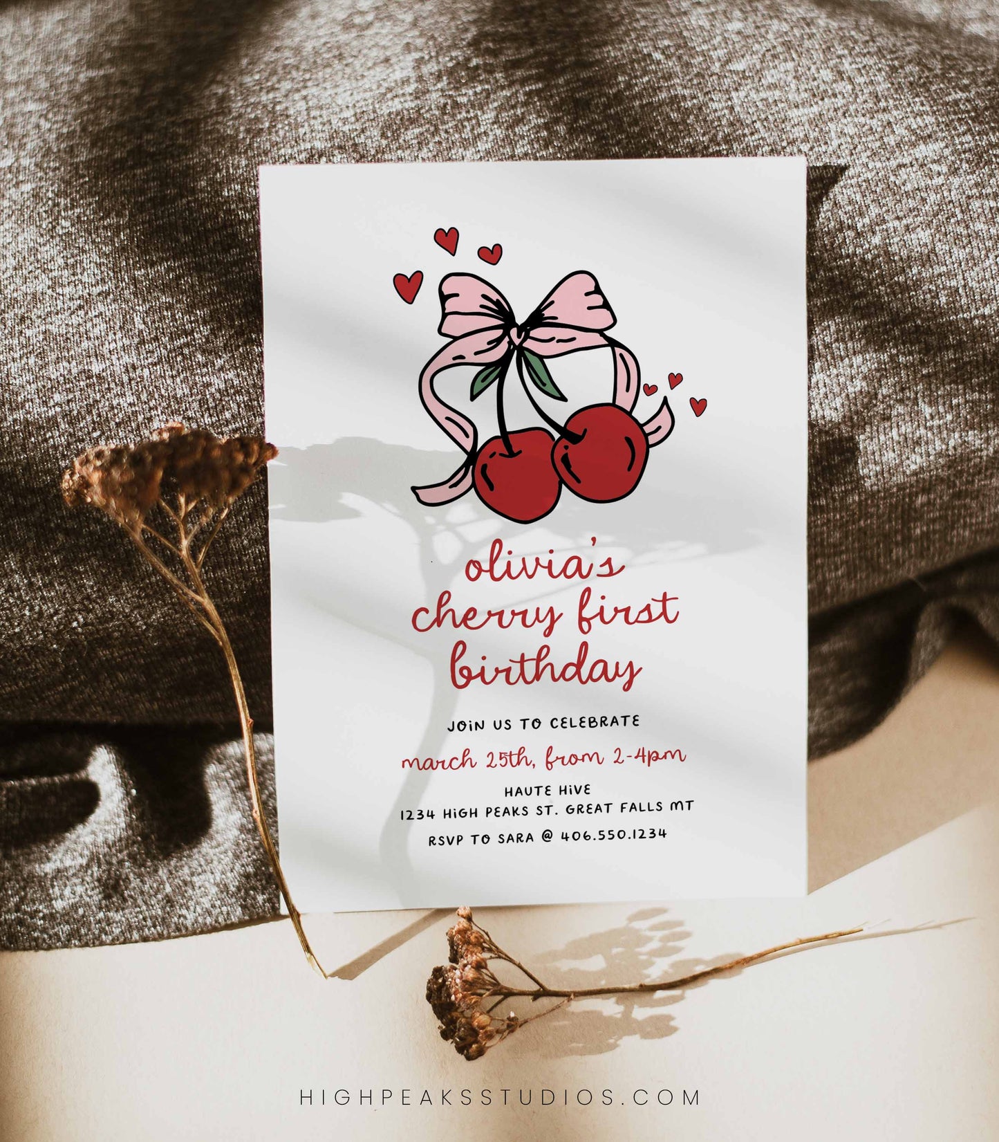 Cherry First Birthday Invitation by High Peaks Studios