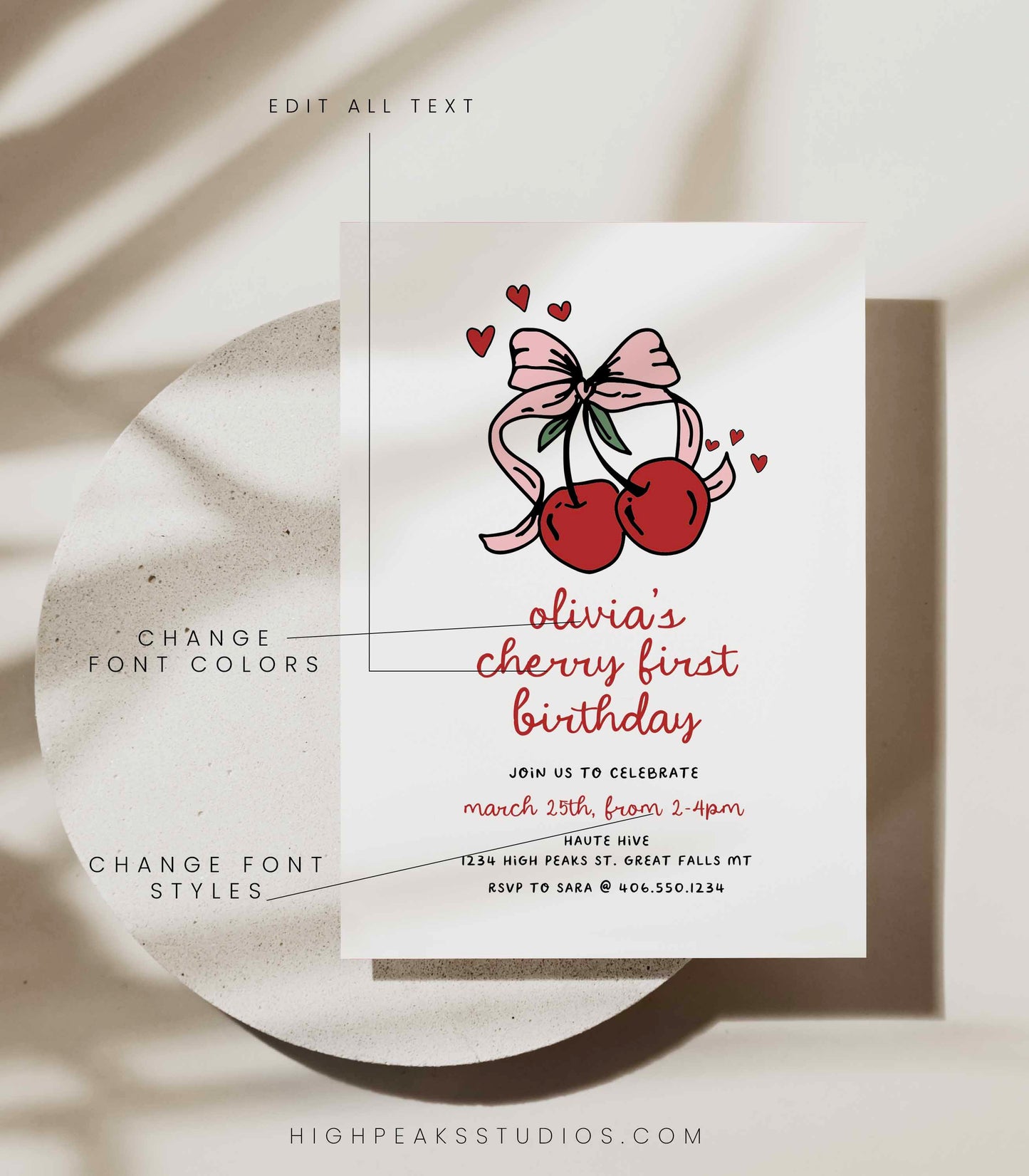 Cherry First Birthday Invitation by High Peaks Studios