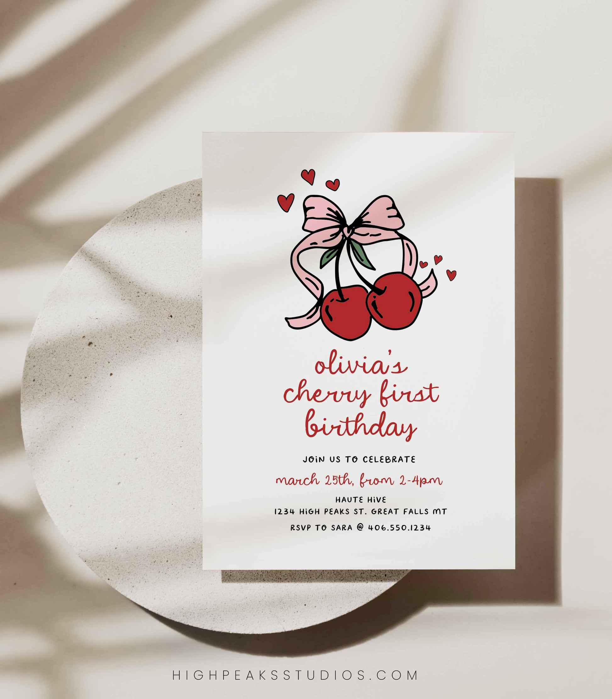 Cherry First Birthday Invitation by High Peaks Studios
