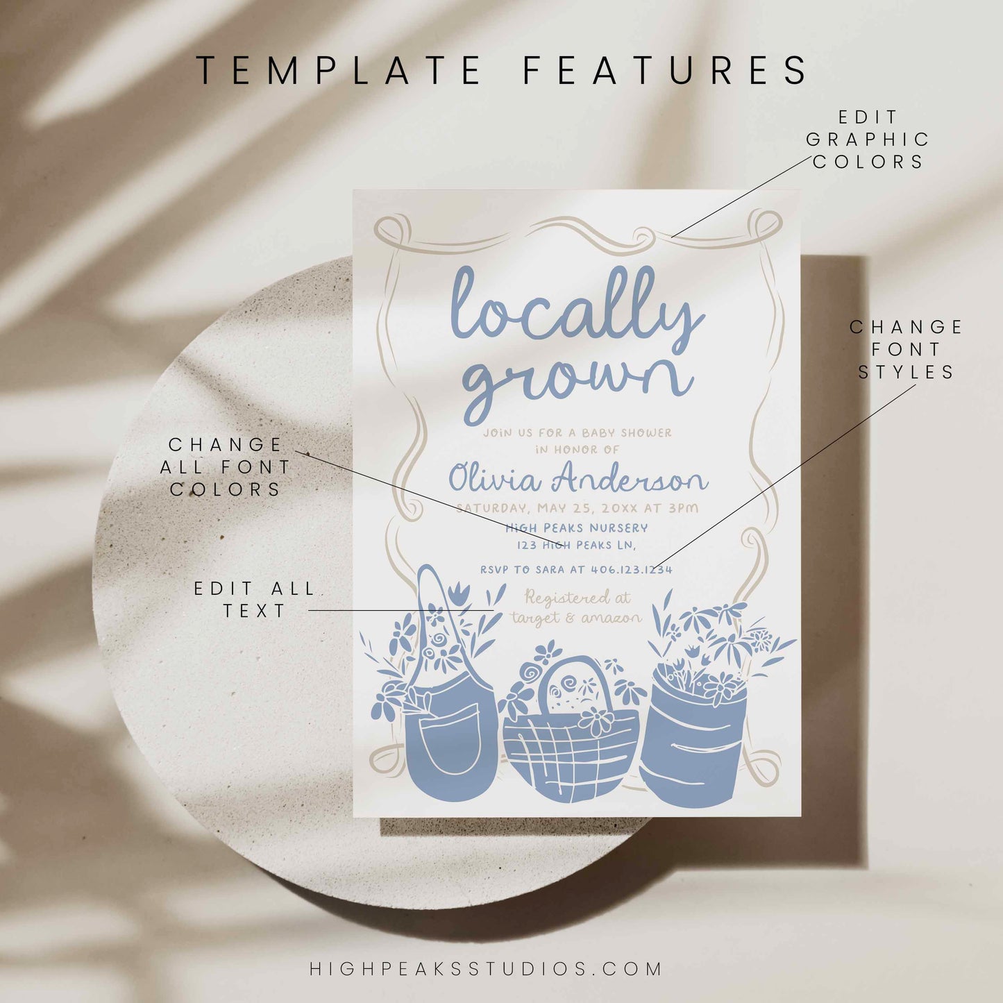 Locally Grown Baby Shower Invitation Template designed by High Peaks Studios