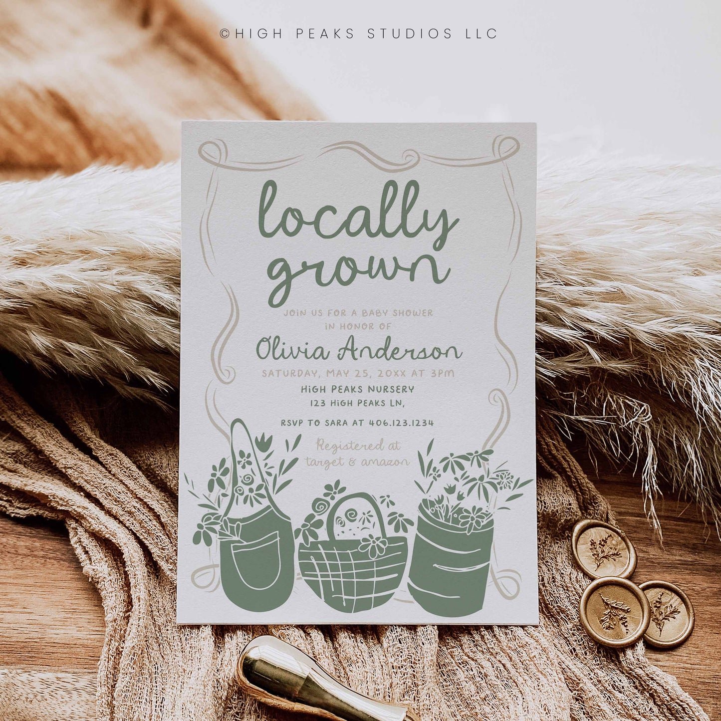 Locally Grown Baby Shower Invitation Template designed by High Peaks Studios