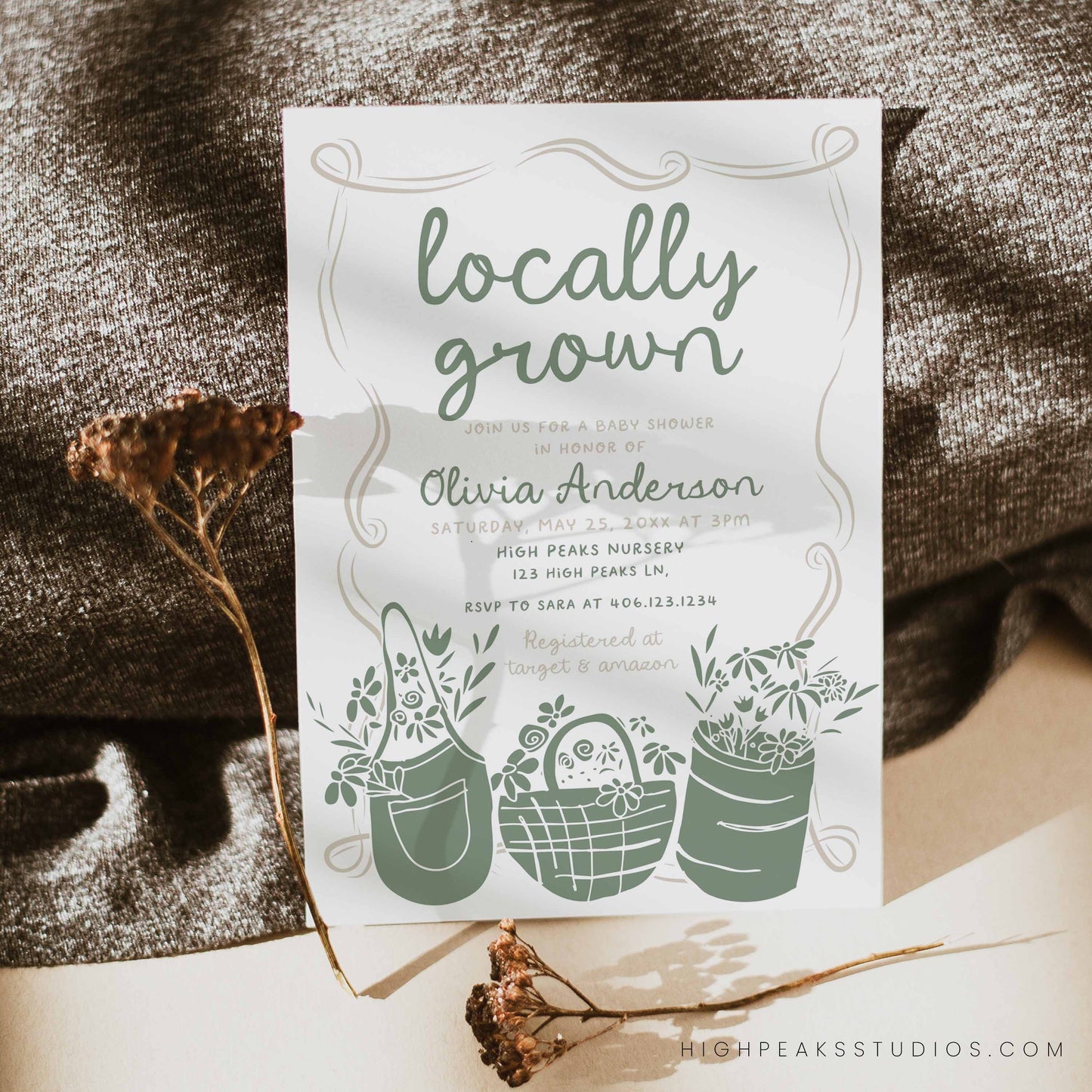 Locally Grown Baby Shower Invitation Template designed by High Peaks Studios