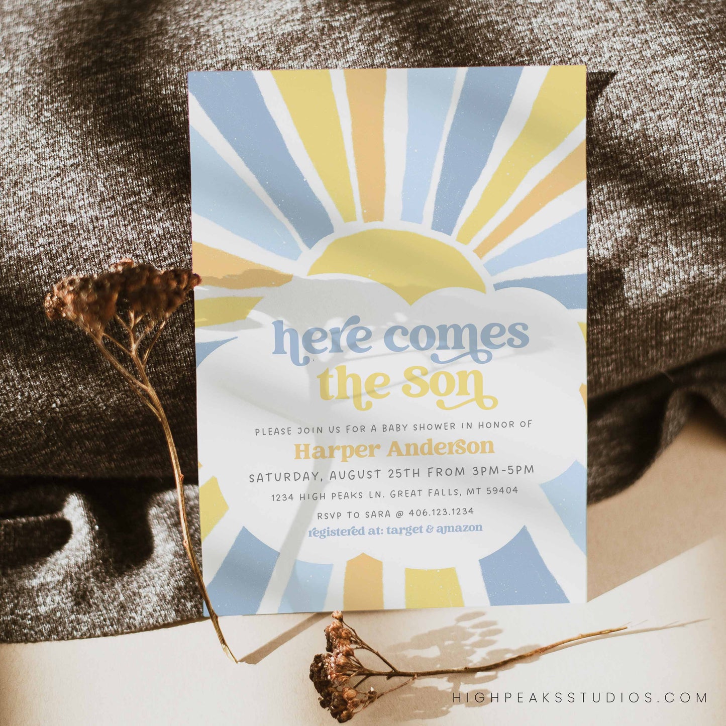 Sonshine Baby Shower Invitation 3 Card Set Baby Blue and Yellow