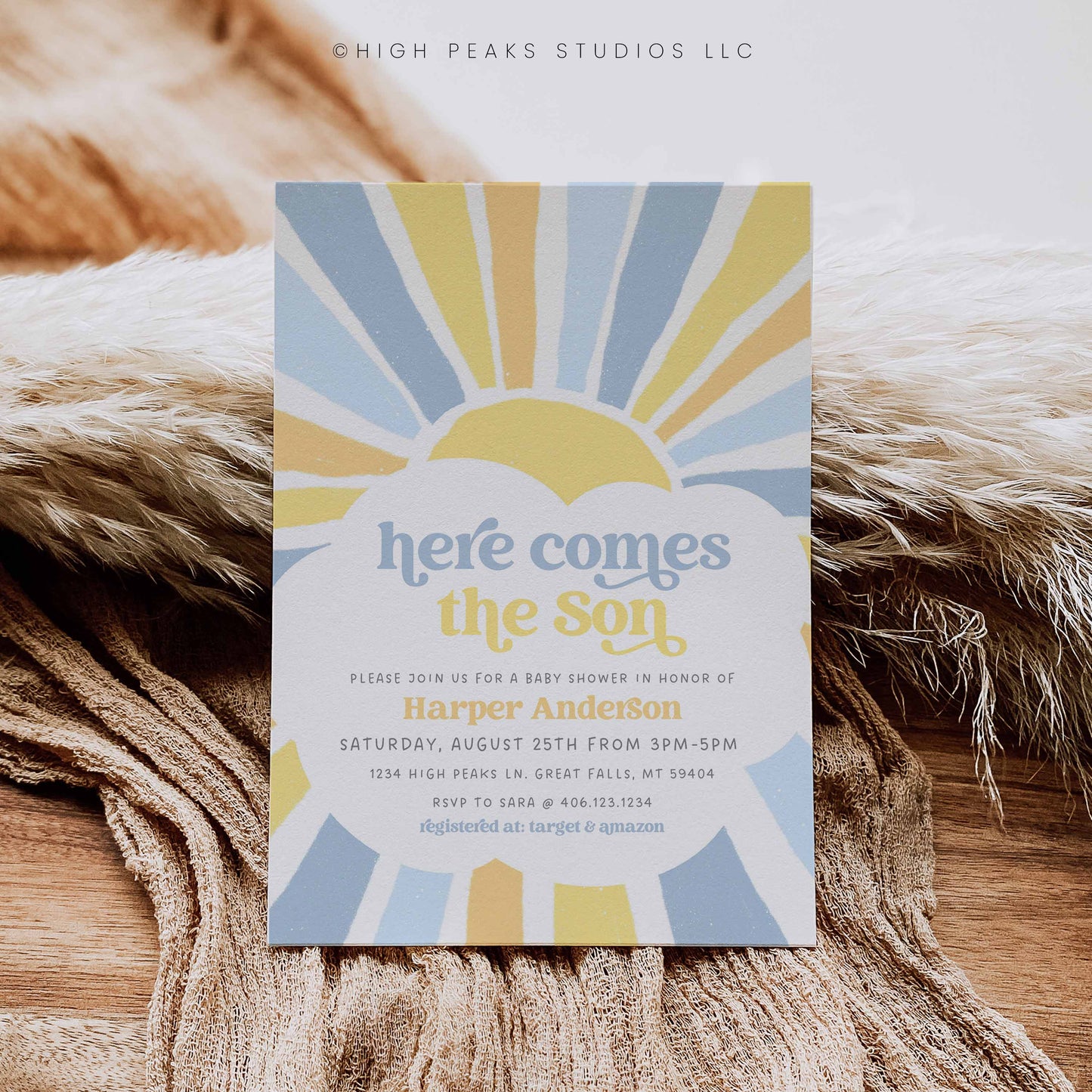 Sonshine Baby Shower Invitation 3 Card Set Baby Blue and Yellow