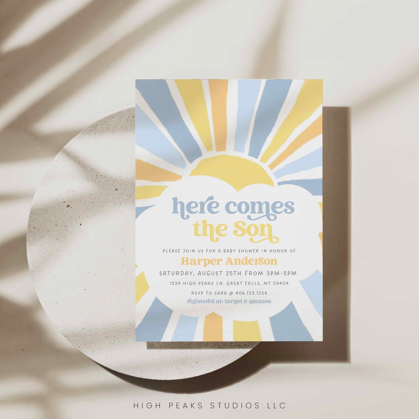 Sonshine Baby Shower Invitation 3 Card Set Baby Blue and Yellow