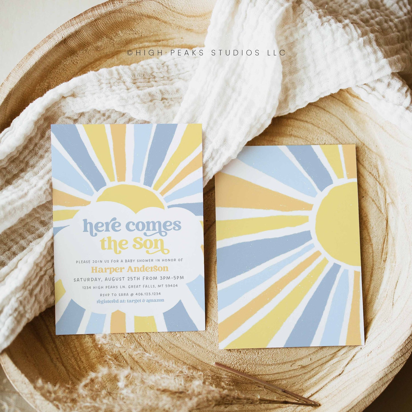 Sonshine Baby Shower Invitation 3 Card Set Baby Blue and Yellow