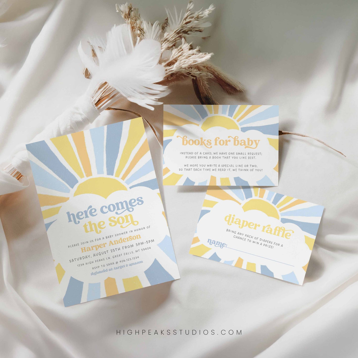 Sonshine Baby Shower Invitation 3 Card Set Baby Blue and Yellow