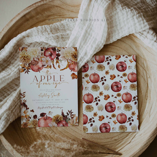 Celebrate your baby's arrival with our Editable Apple of Our Eye Fall Baby Shower Invitation Template. Featuring watercolor painted fall florals, and apples. By High Peaks Studios