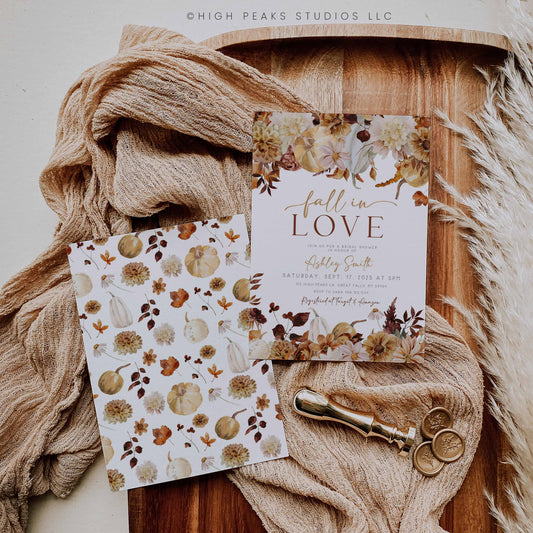 Celebrate your bridal event with our Editable Fall In Love Bridal Shower Invitation Template. Featuring watercolor painted fall florals, and pumpkins. By High Peaks Studios LLC
