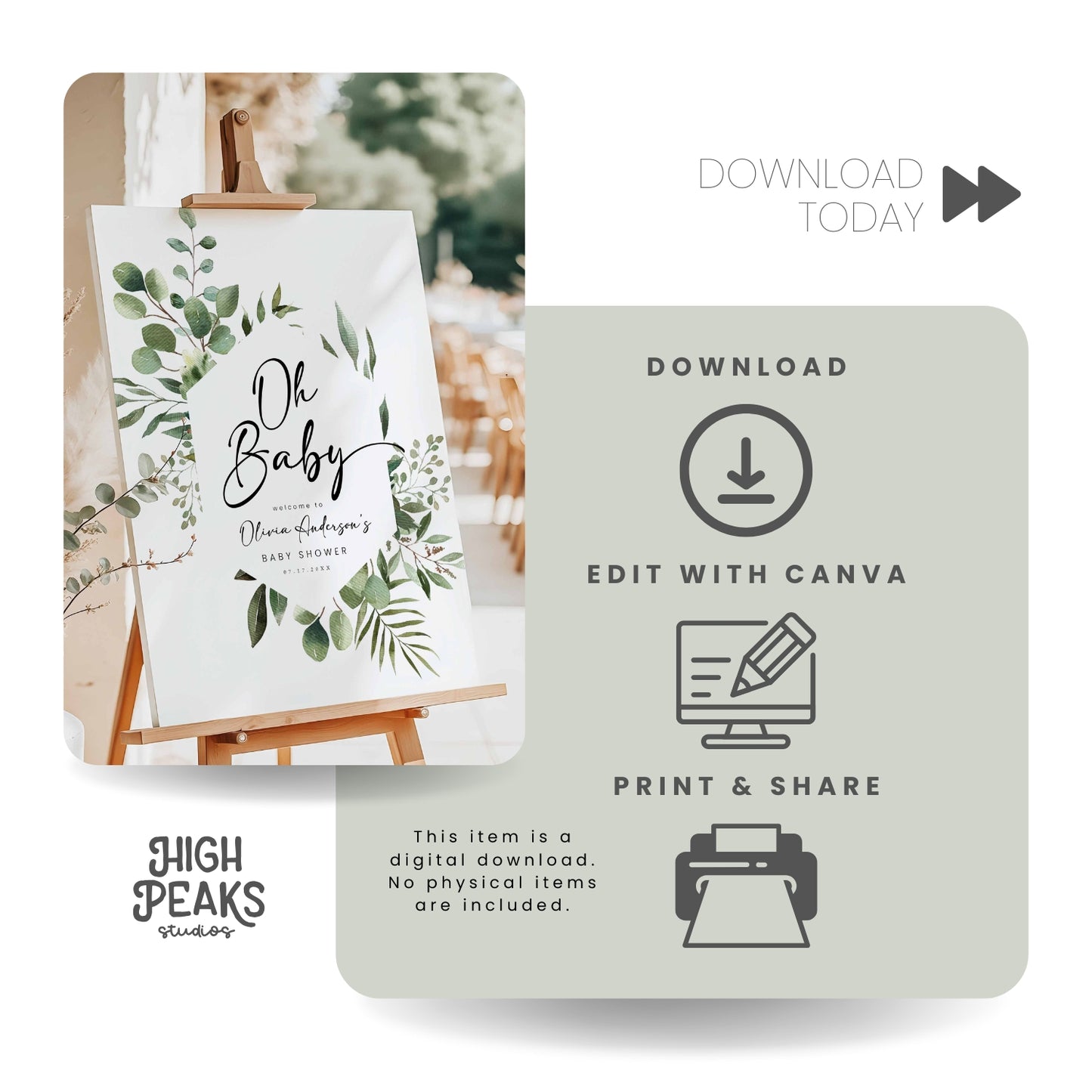 EDITABLE, Greenery Baby Shower Welcome Sign By High Peaks Studios