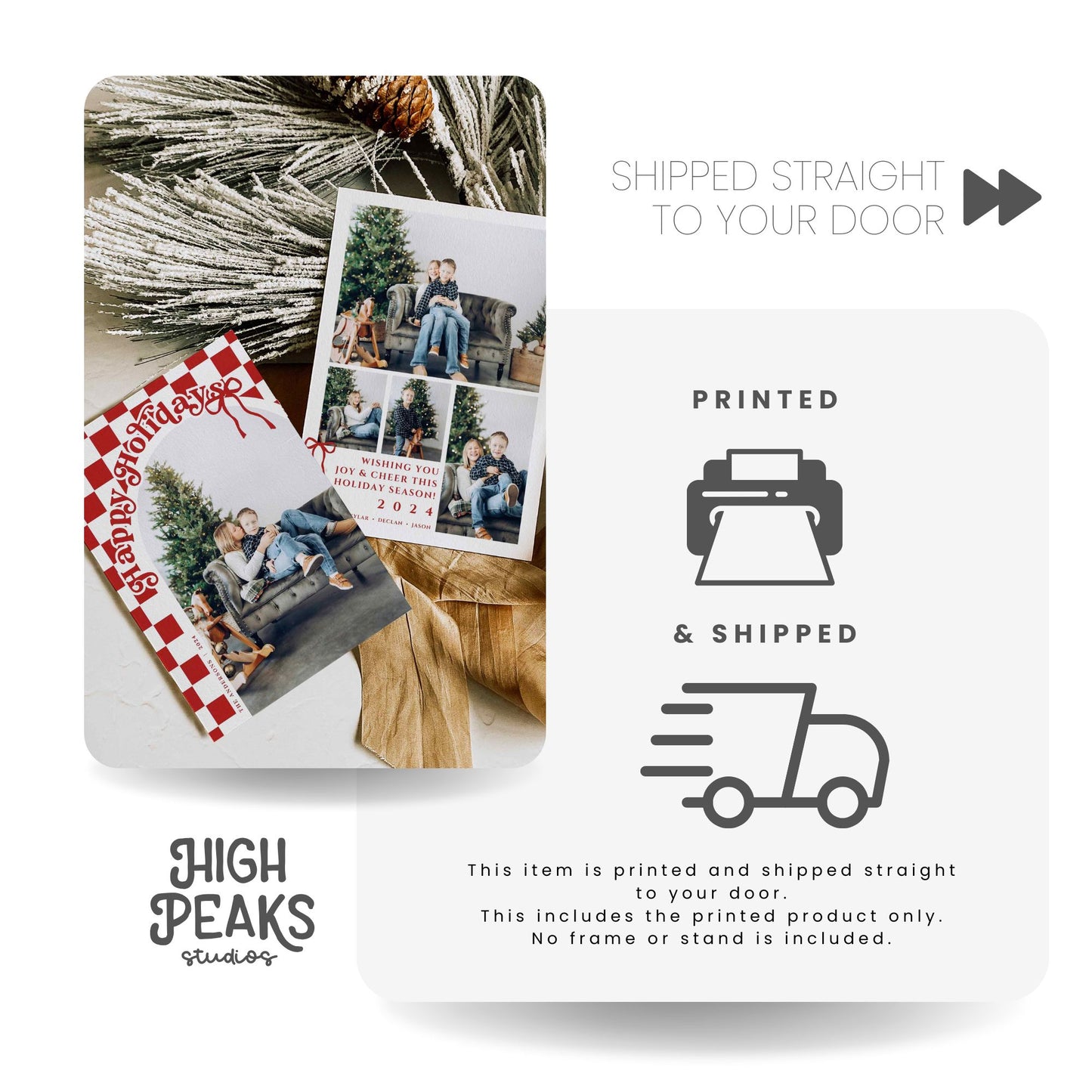 Retro Checkered Christmas card Front and Back with Arched Photo By High Peaks Studios LLC