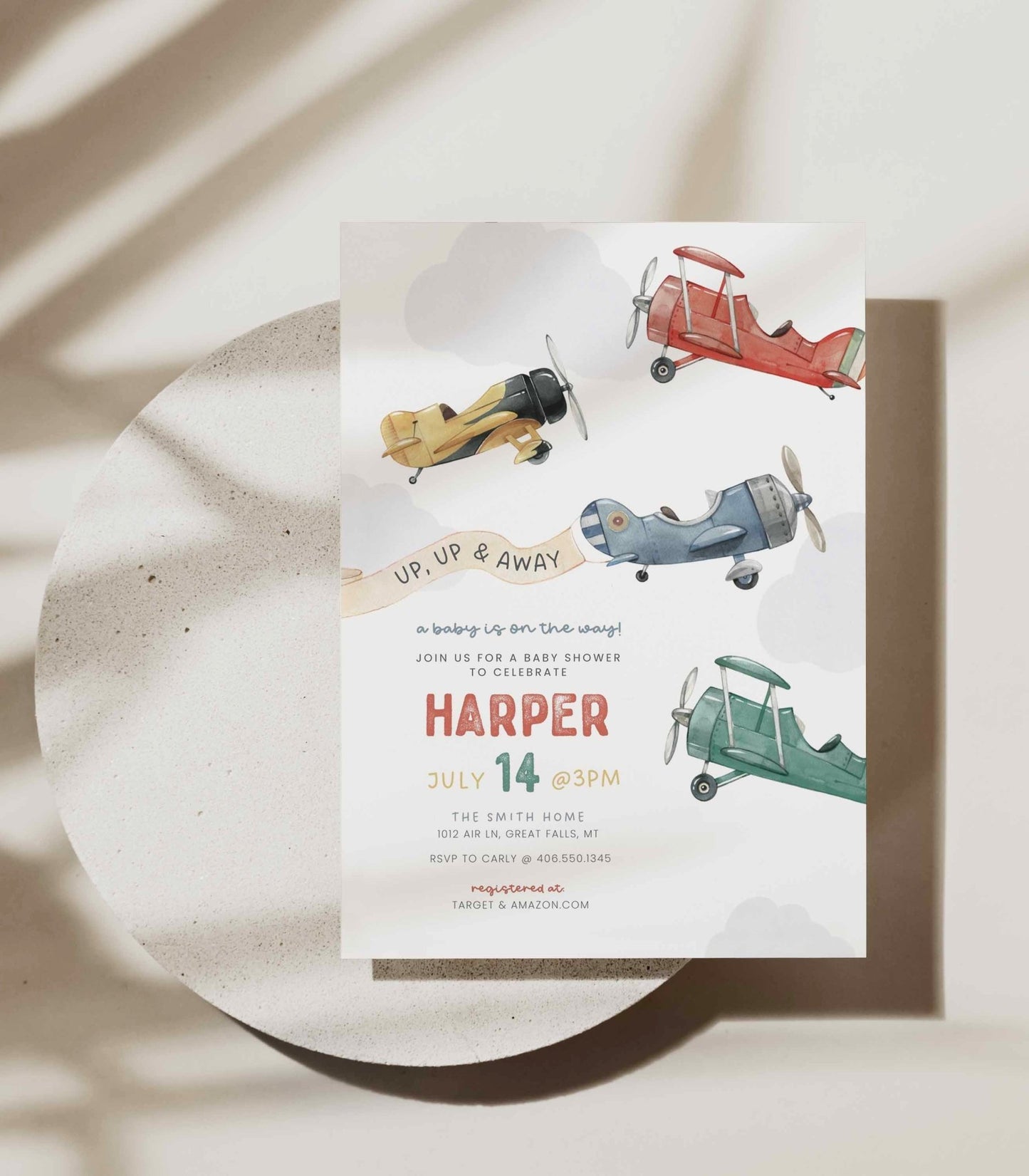 Airplane Baby Shower Invitation Template - High Peaks Studios