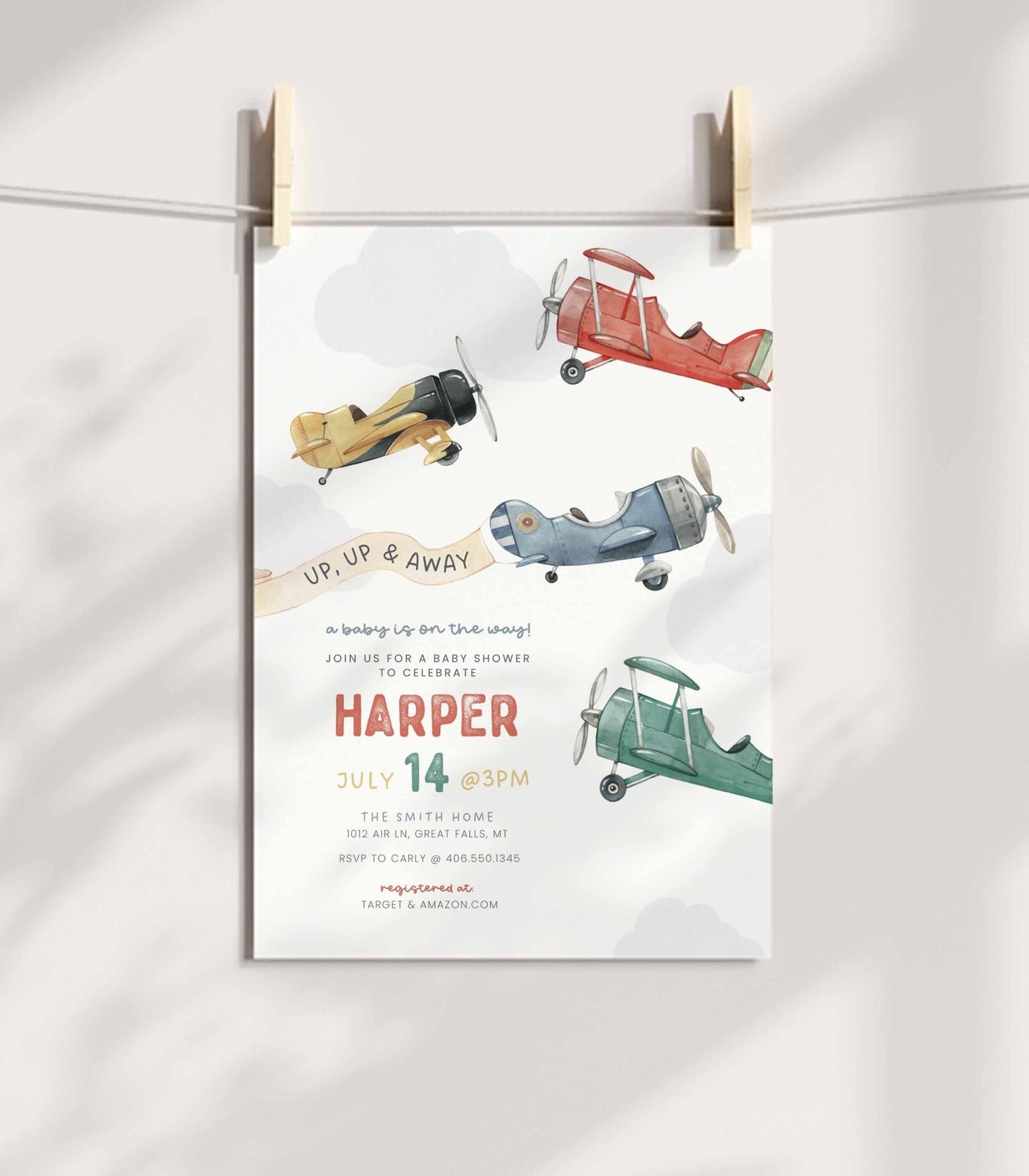 Airplane Baby Shower Invitation Template - High Peaks Studios