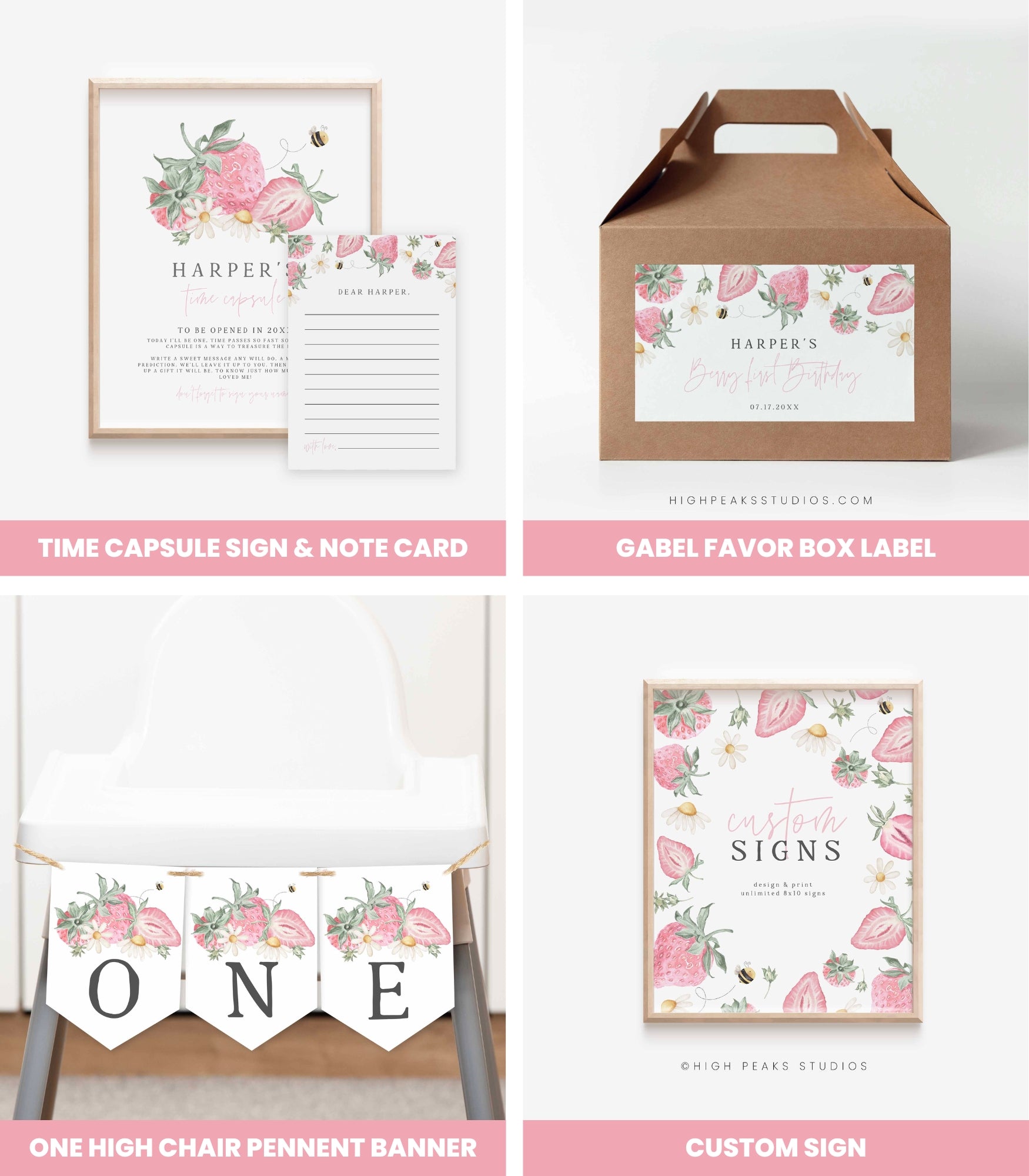 Berry First Strawberry Birthday Bundle Printables - High Peaks Studios