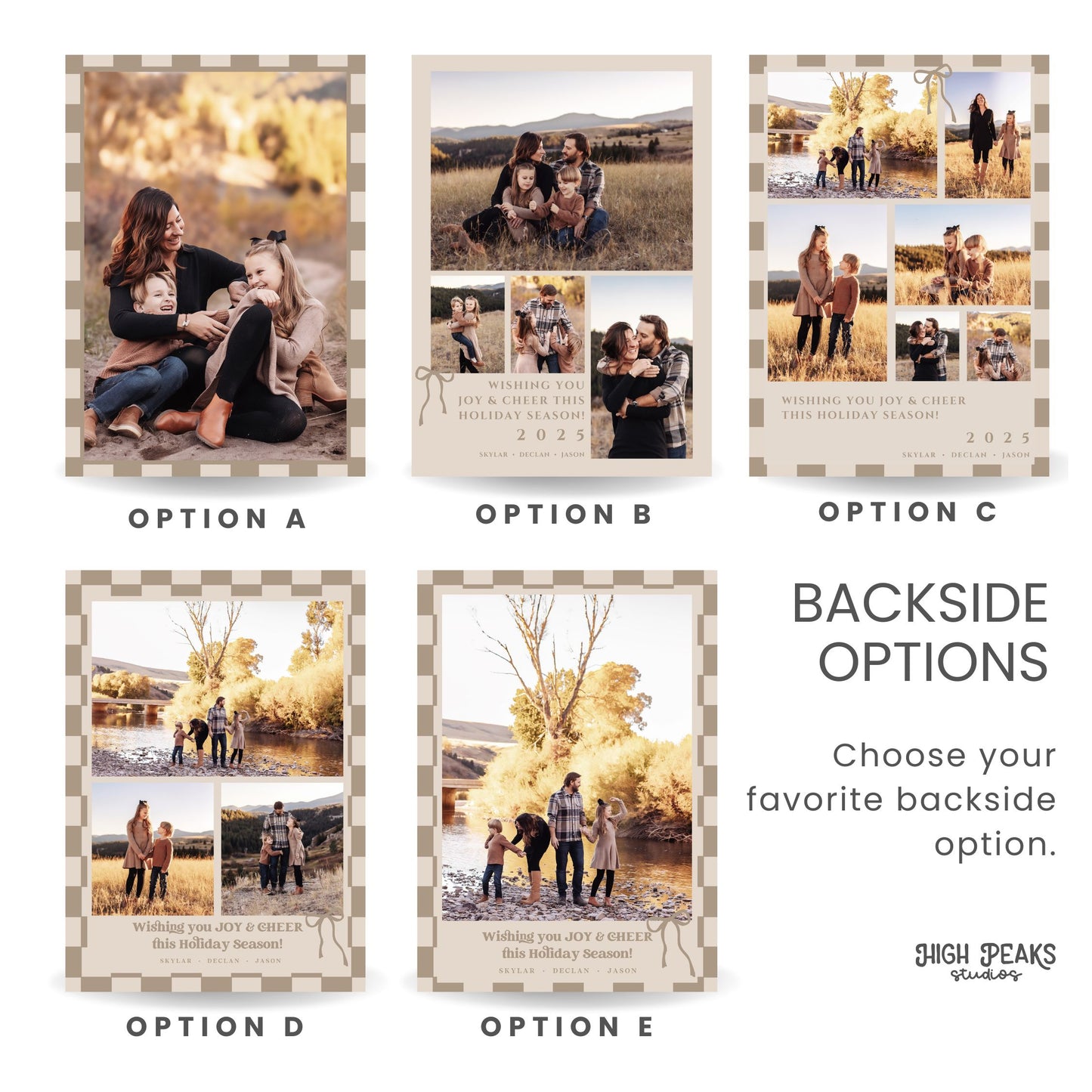 Retro Checkered Christmas card backside options to choose from By High Peaks Studios LLC