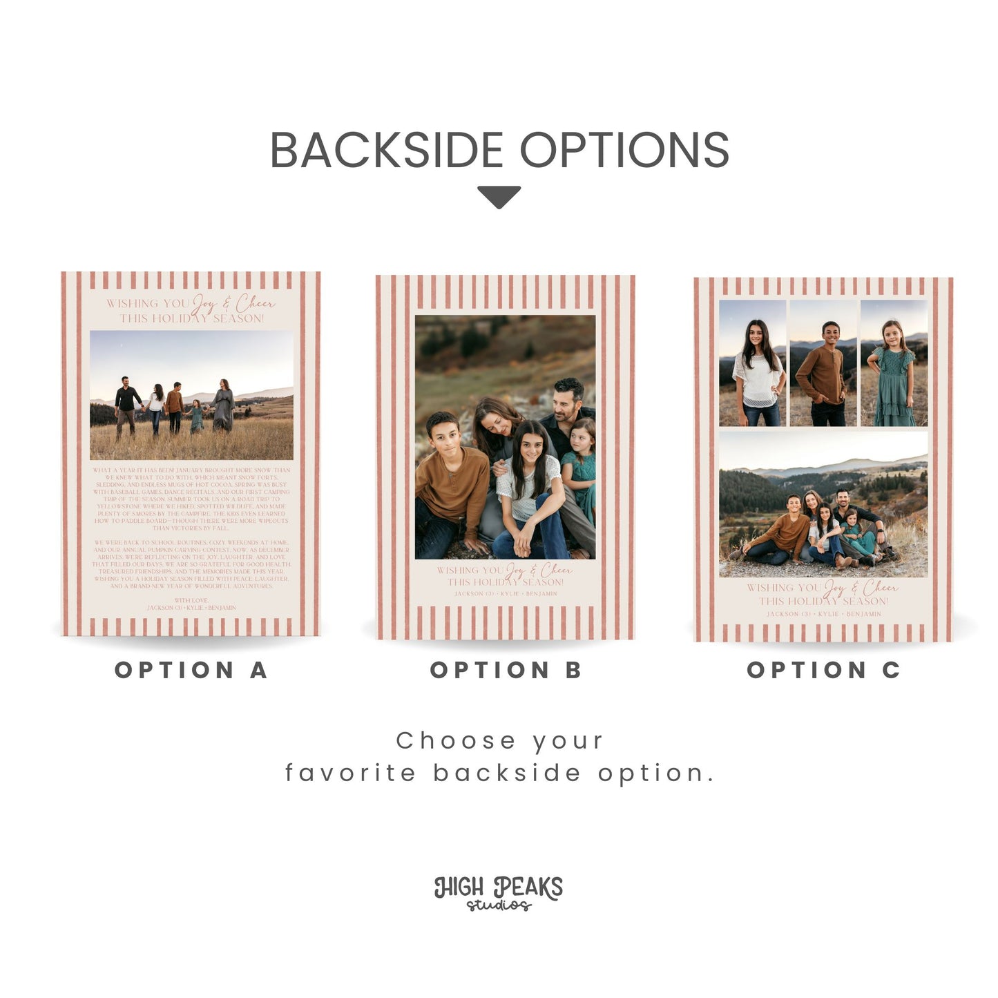 Three backside design options for a photo Christmas Card with family photos. By High Peaks Studios LLC