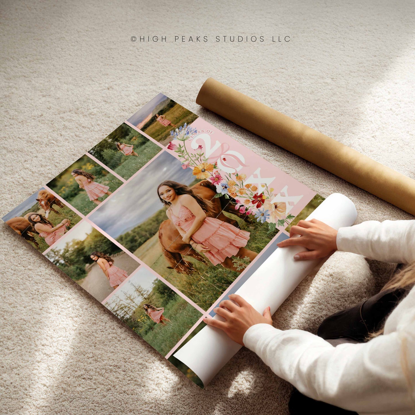 Person unrolling a large photo collage on a carpeted floor, with 'High Peaks Studios LLC' branding.